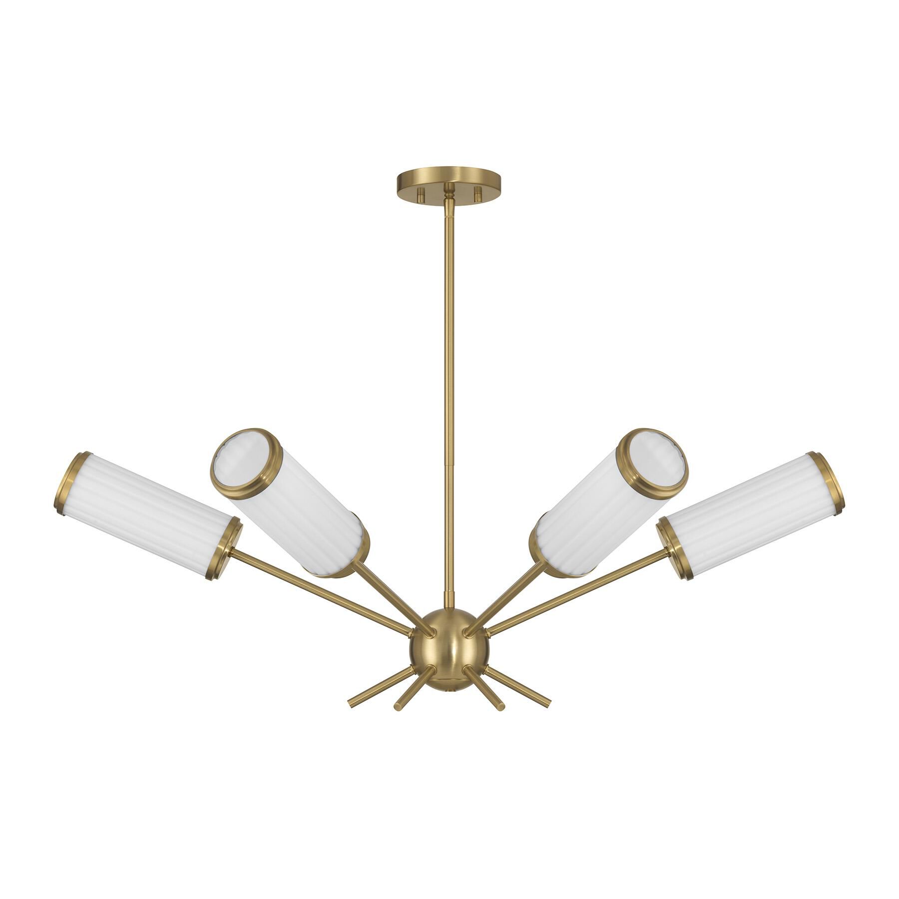 Shown in Warm Brass finish and White Opal Ribbed glass