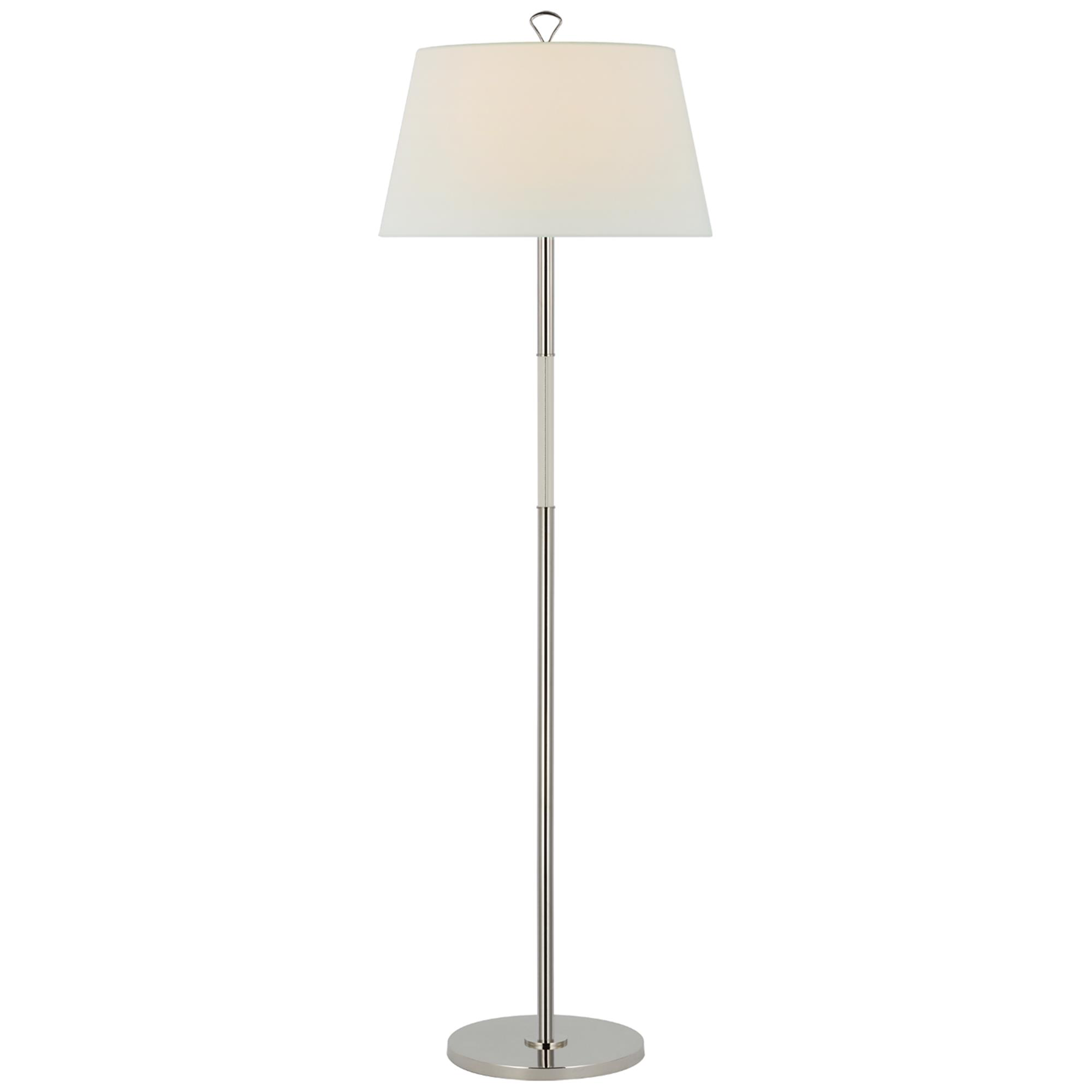 Shown in Polished Nickel and Parchment Leather finish and Linen shade