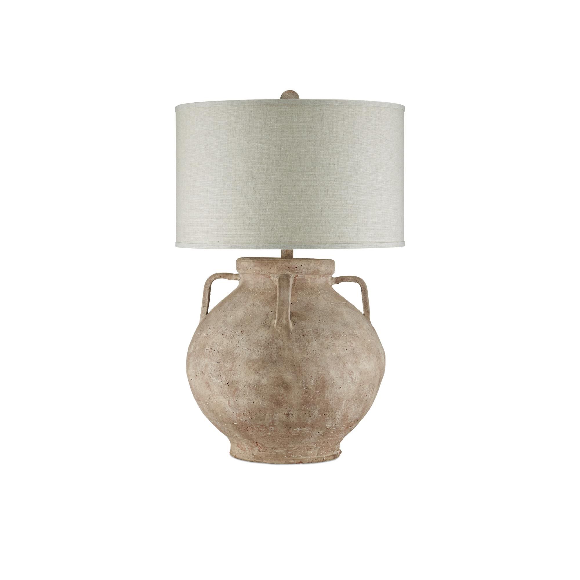 Shown in Brownish Gray finish and Tan Linen shade
