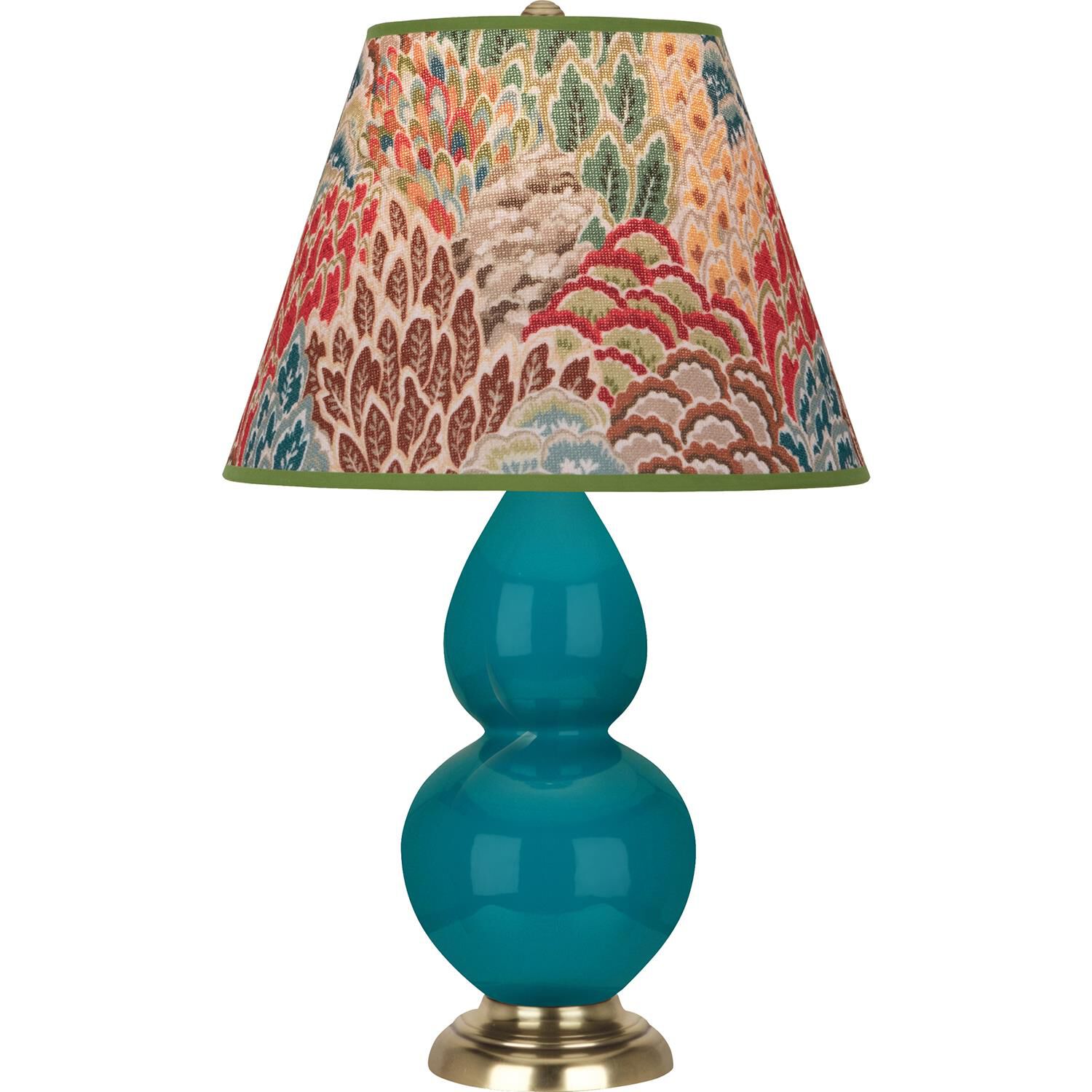 Shown in Peacock finish and Fall Floral shade and Antique Natural Brass accent
