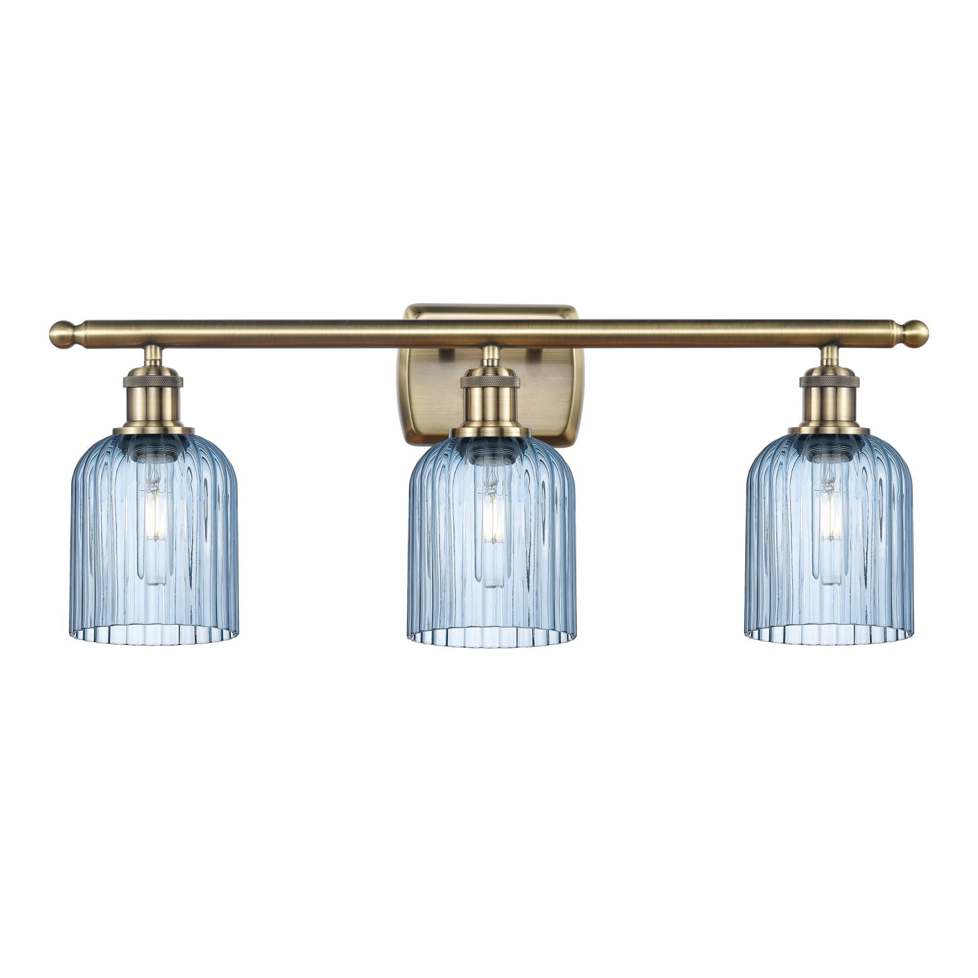 Shown in Antique Brass finish and Princess Blue shade