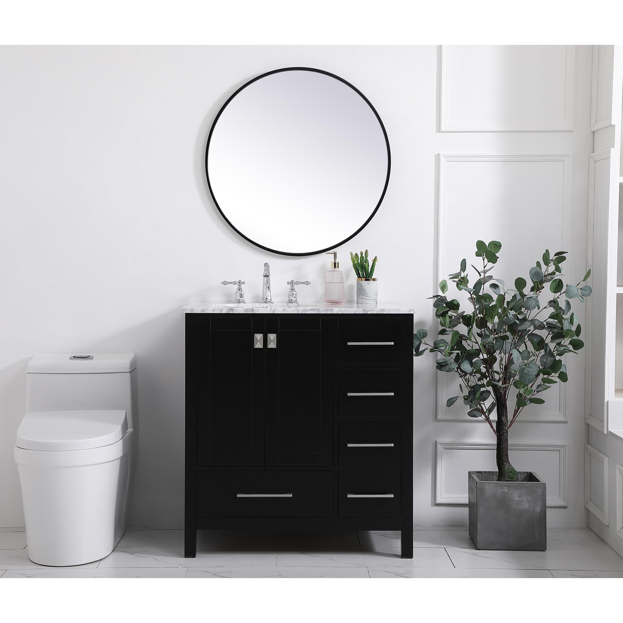 Shown in Black And Brushed Nickel With Carrara White Marble finish