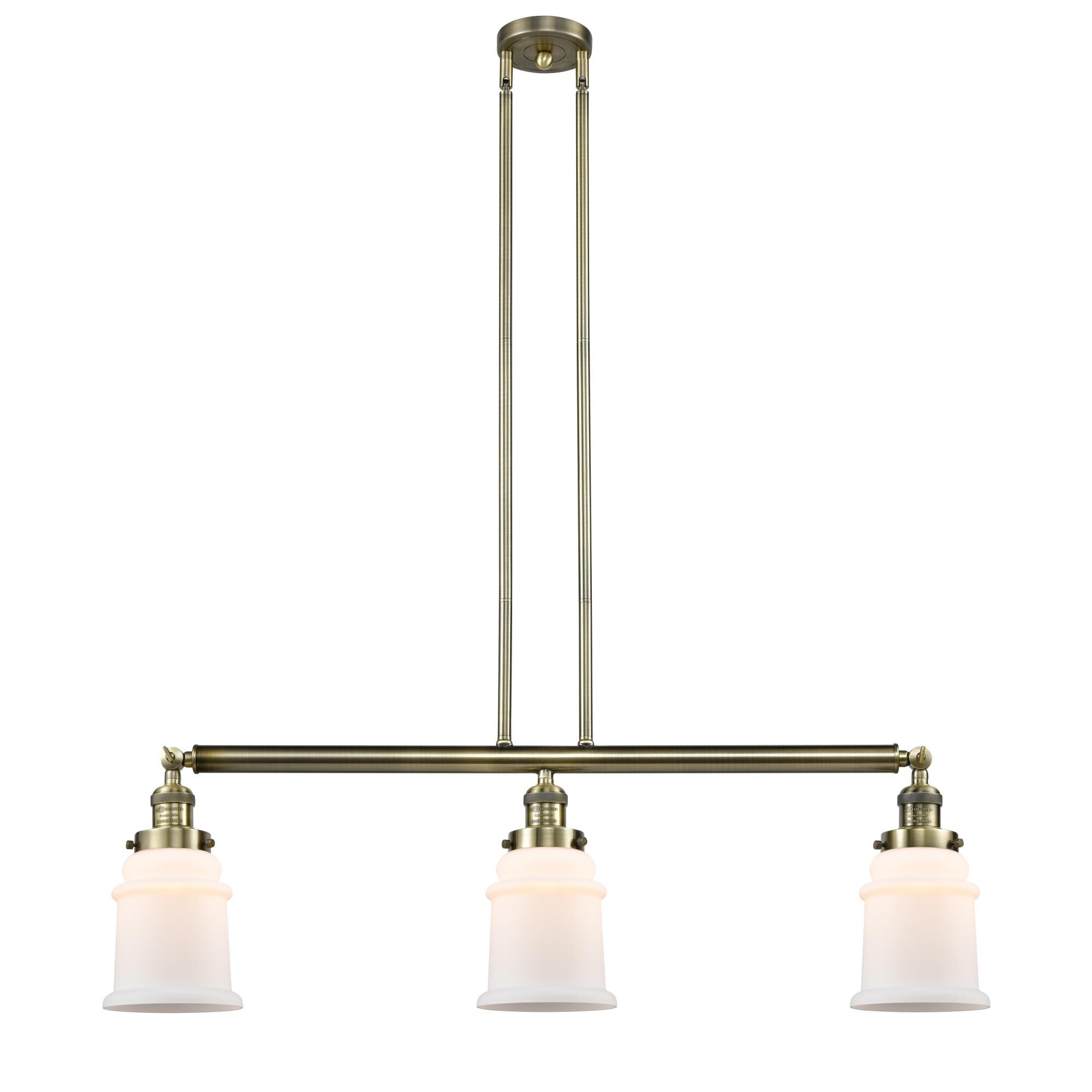 Shown in Antique Brass finish and Matte White Canton glass