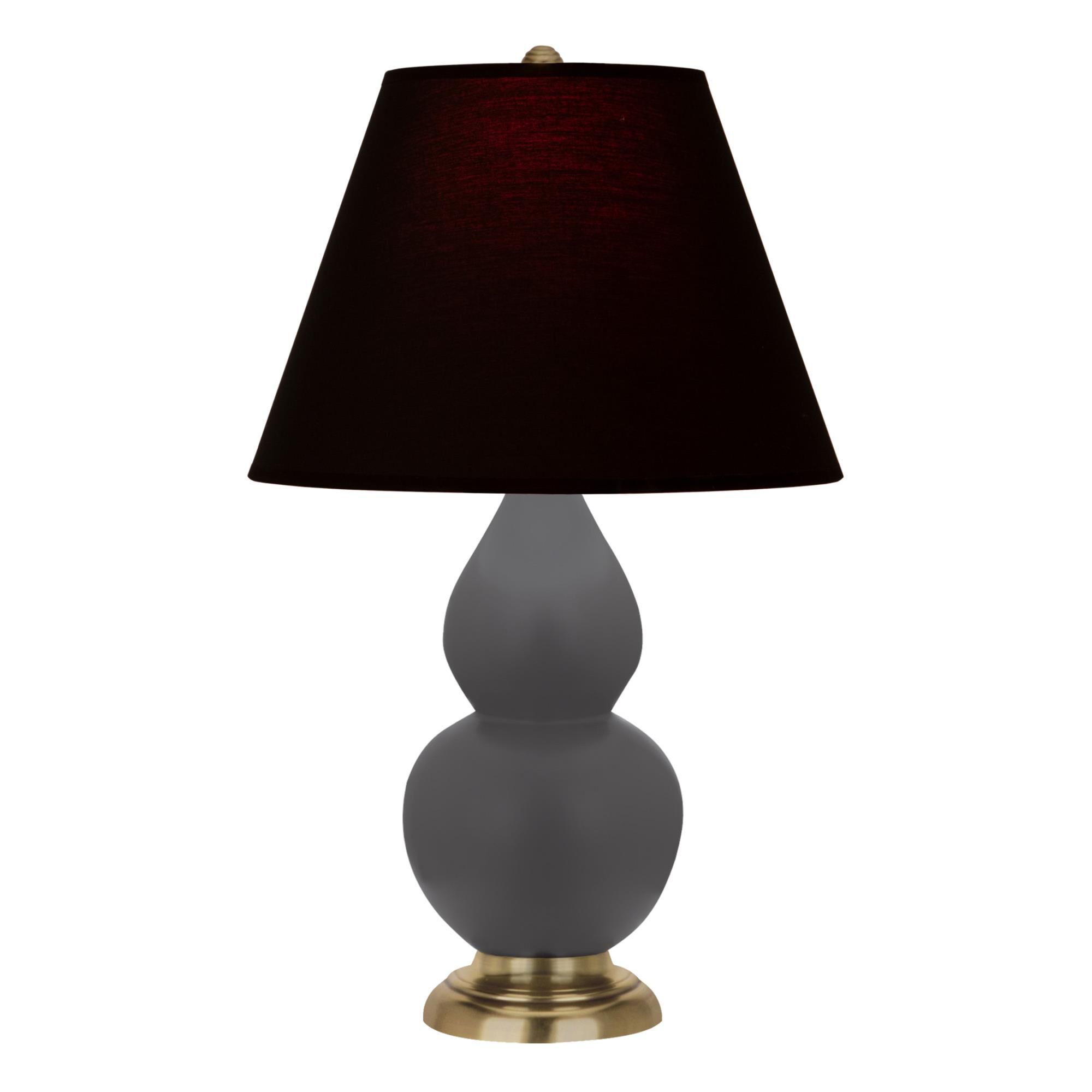Shown in Matte Ash finish and Ink Black with Rose Red Lining Fabric shade and Antique Brass accent