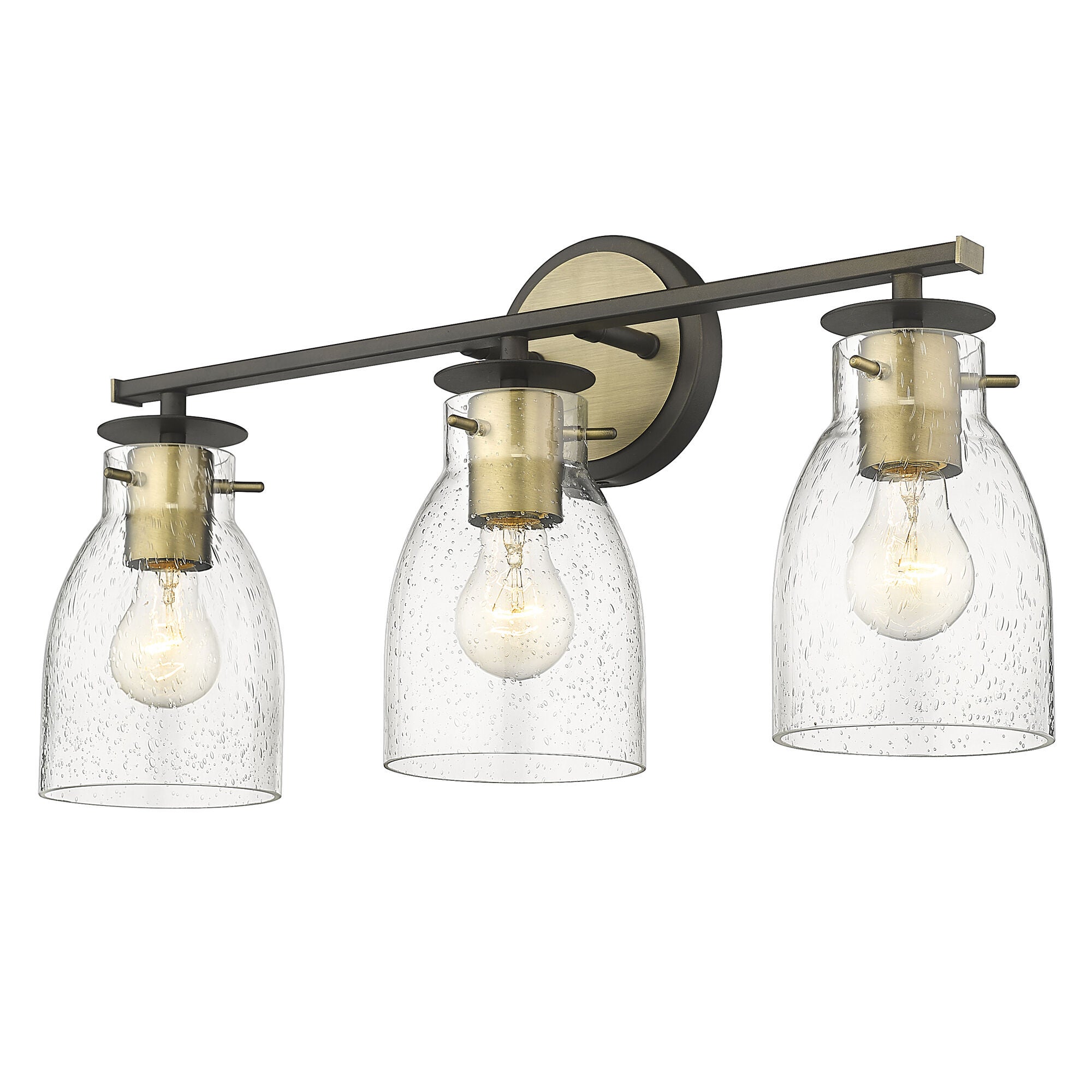 Shown in Oil Rubbed Bronze And Antique Brass finish and Clear Seedy Glass shade