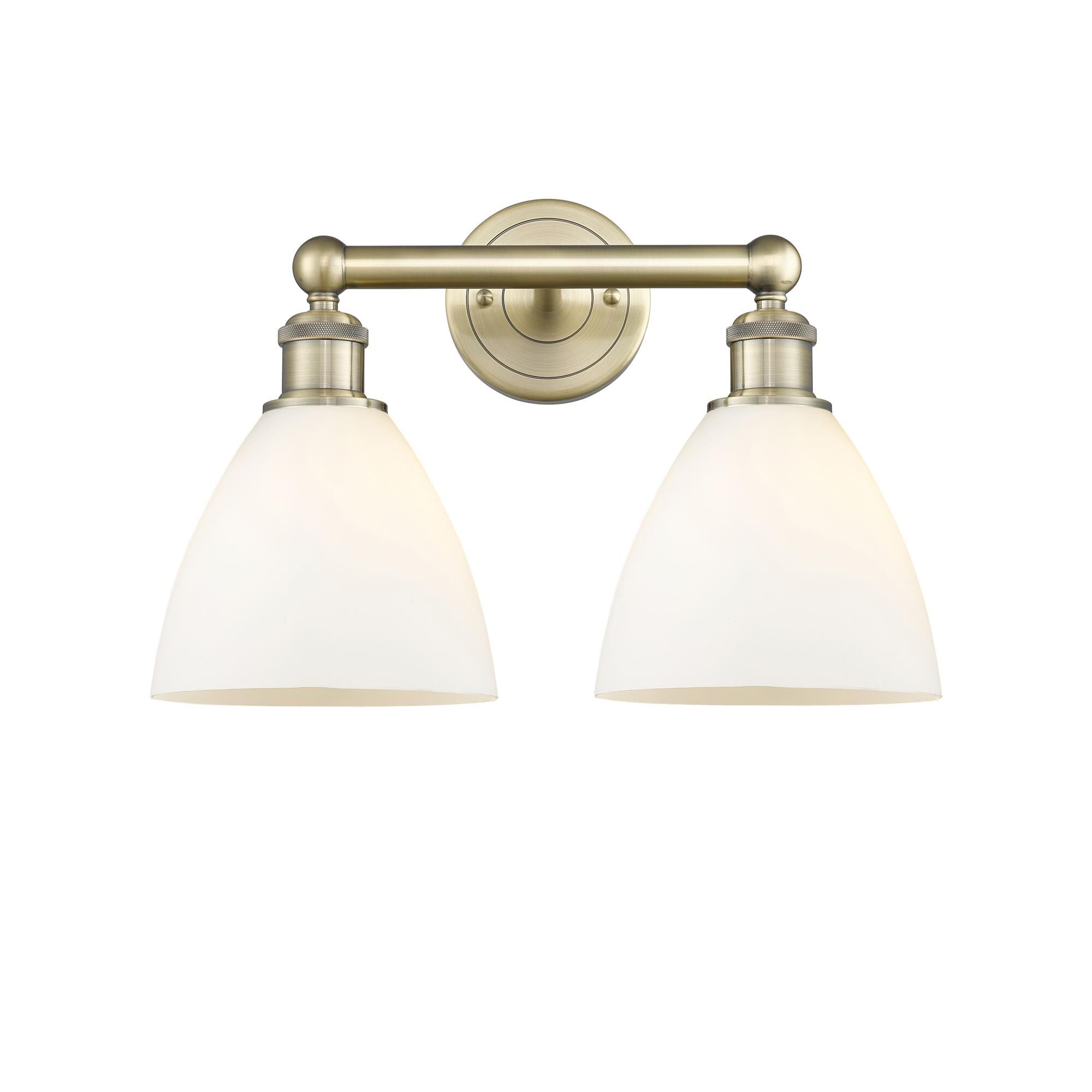 Shown in Antique Brass finish and Matte White glass