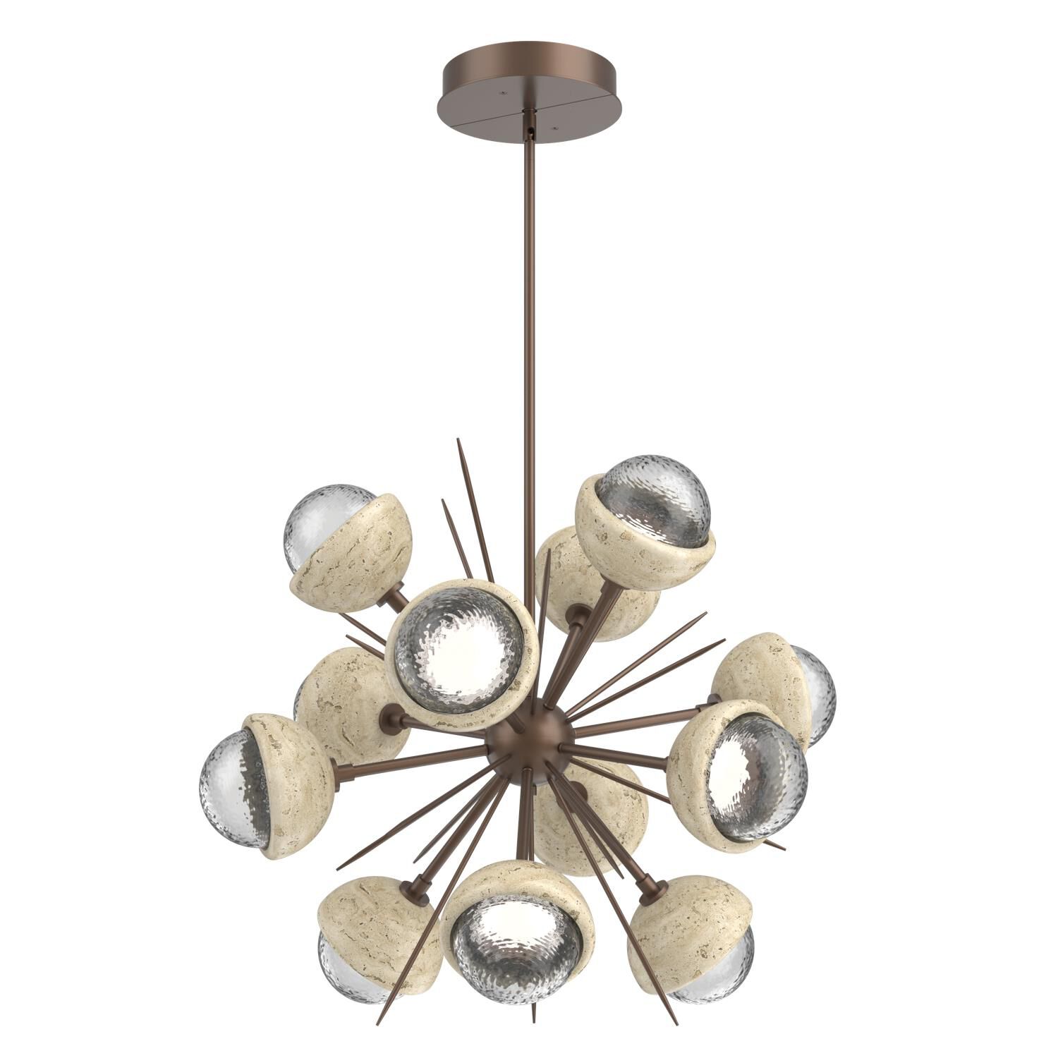 Shown in Burnished Bronze finish and Clear glass and Travertine Stone accent