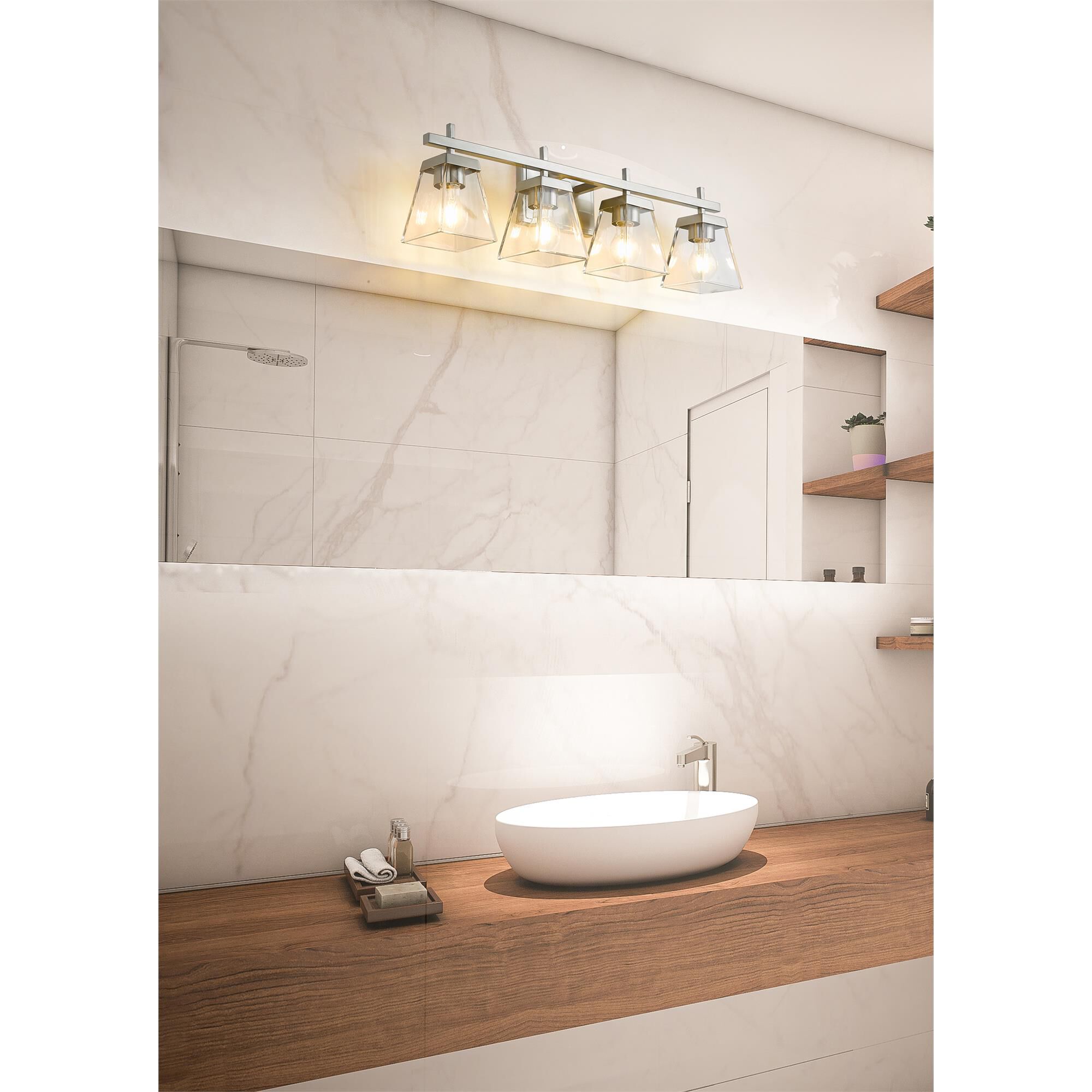 Shown in Brushed Nickel finish and Clear glass