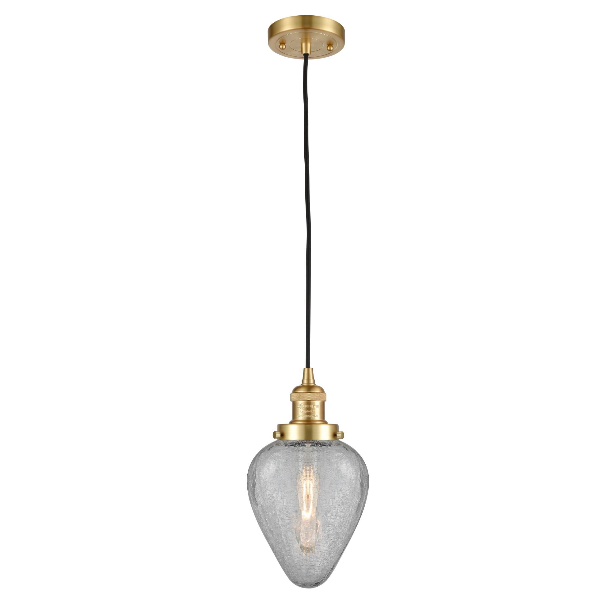 Shown in Satin Gold finish and Clear Crackle Geneseo glass