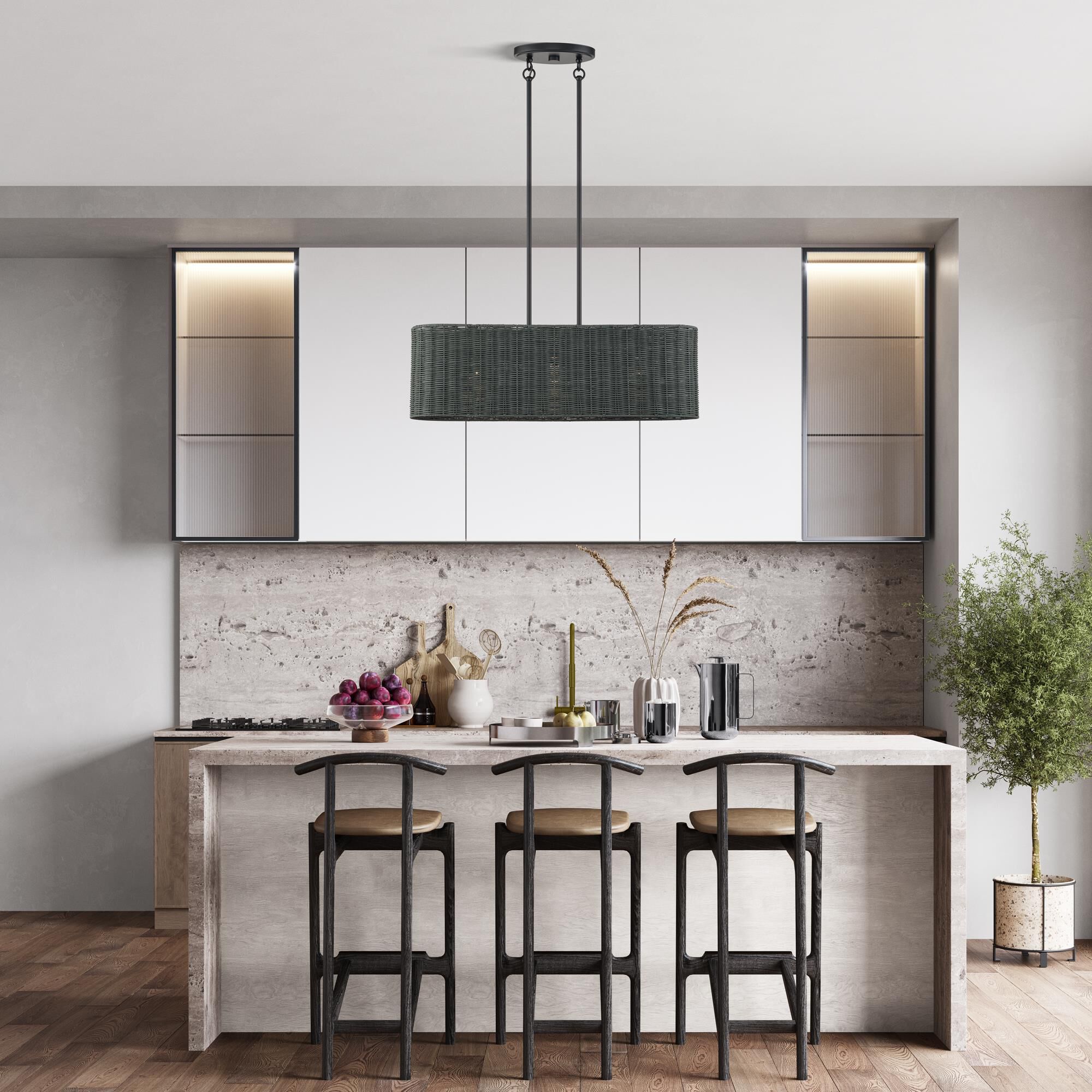 Shown in Black finish and Hand-Woven Charred Gray Color Rattan shade