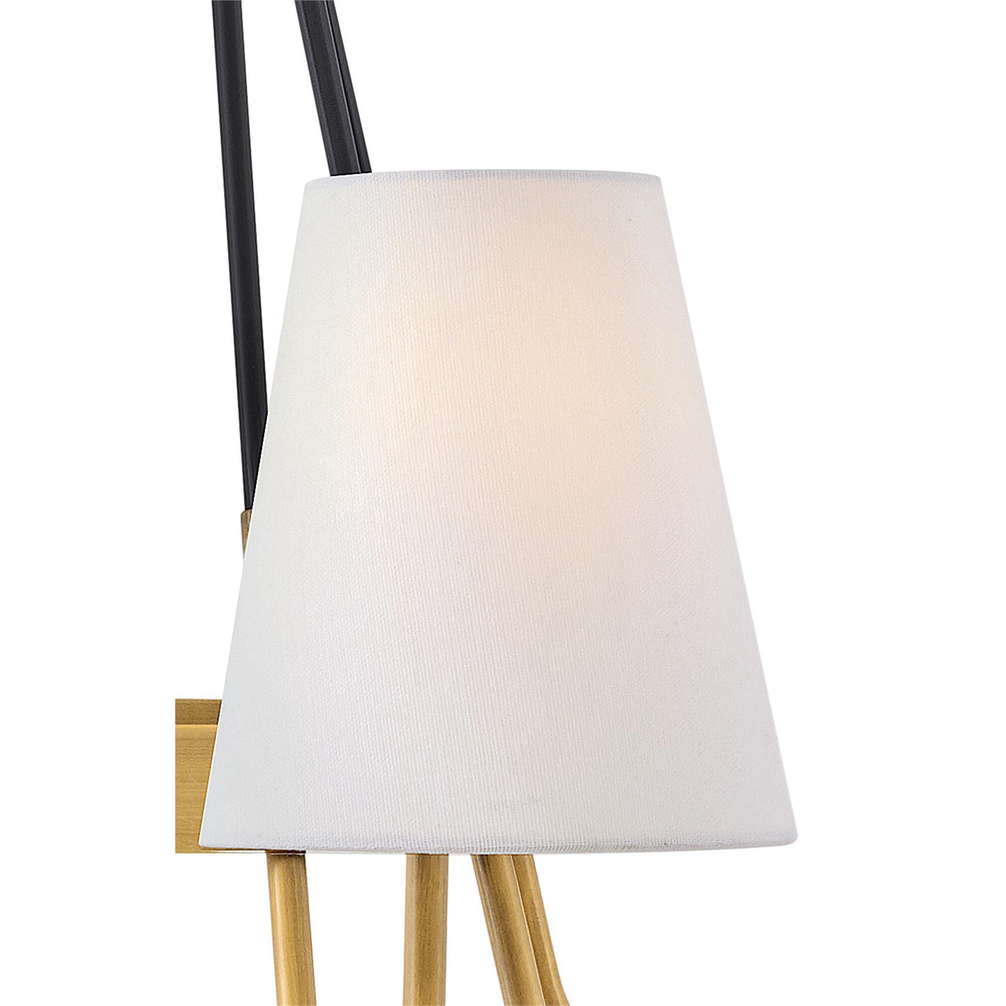 Shown in Heritage Brass finish and Off-White Fabric shade