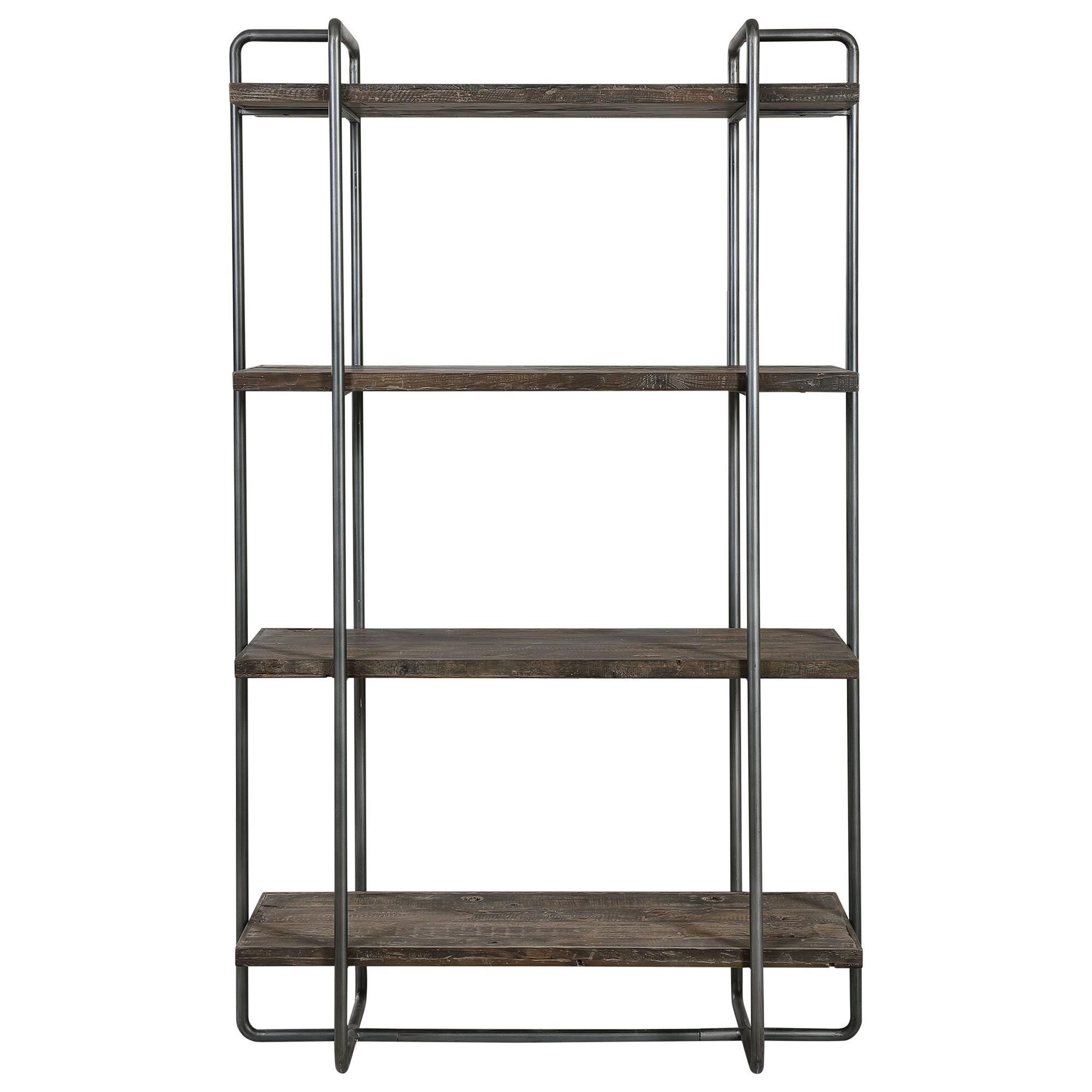 Shown in Exhibiting An Urban Industrial Feel, This Etagere Features A Steel Frame Finished In Dark Brushed Pe finish