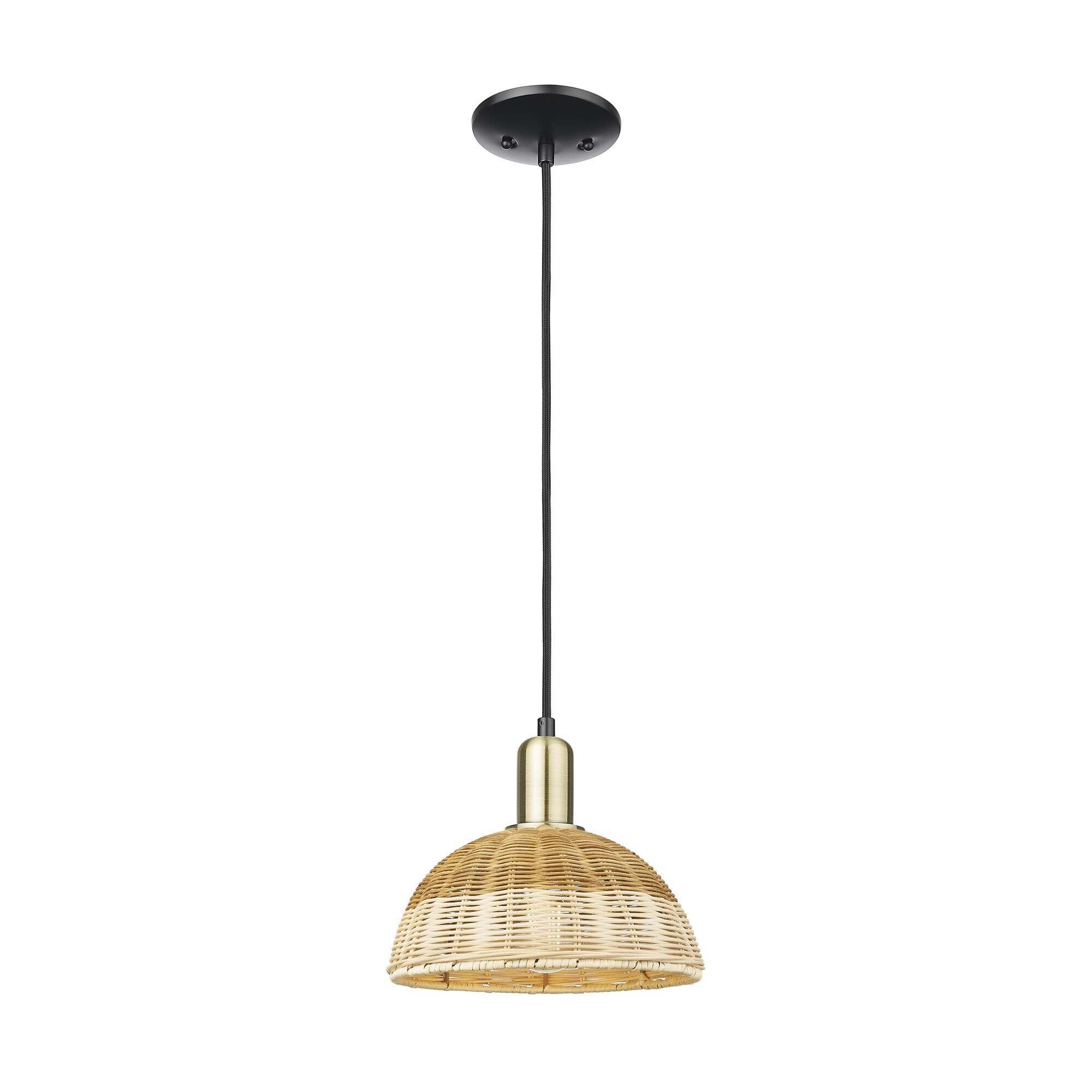 Shown in Black Antique Brass finish and Natural Fiber shade