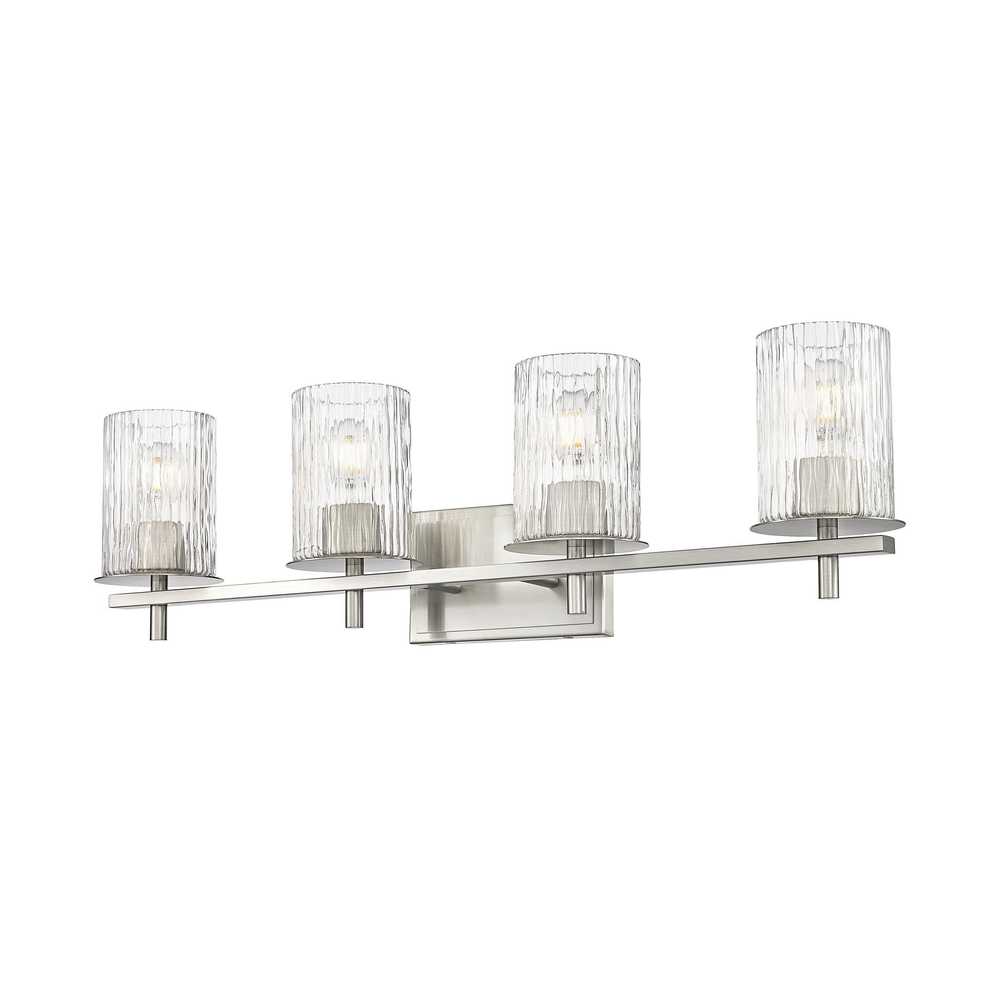 Shown in Brushed Nickel finish and Clear + Etched Opal glass and Clear + Etched Opal shade