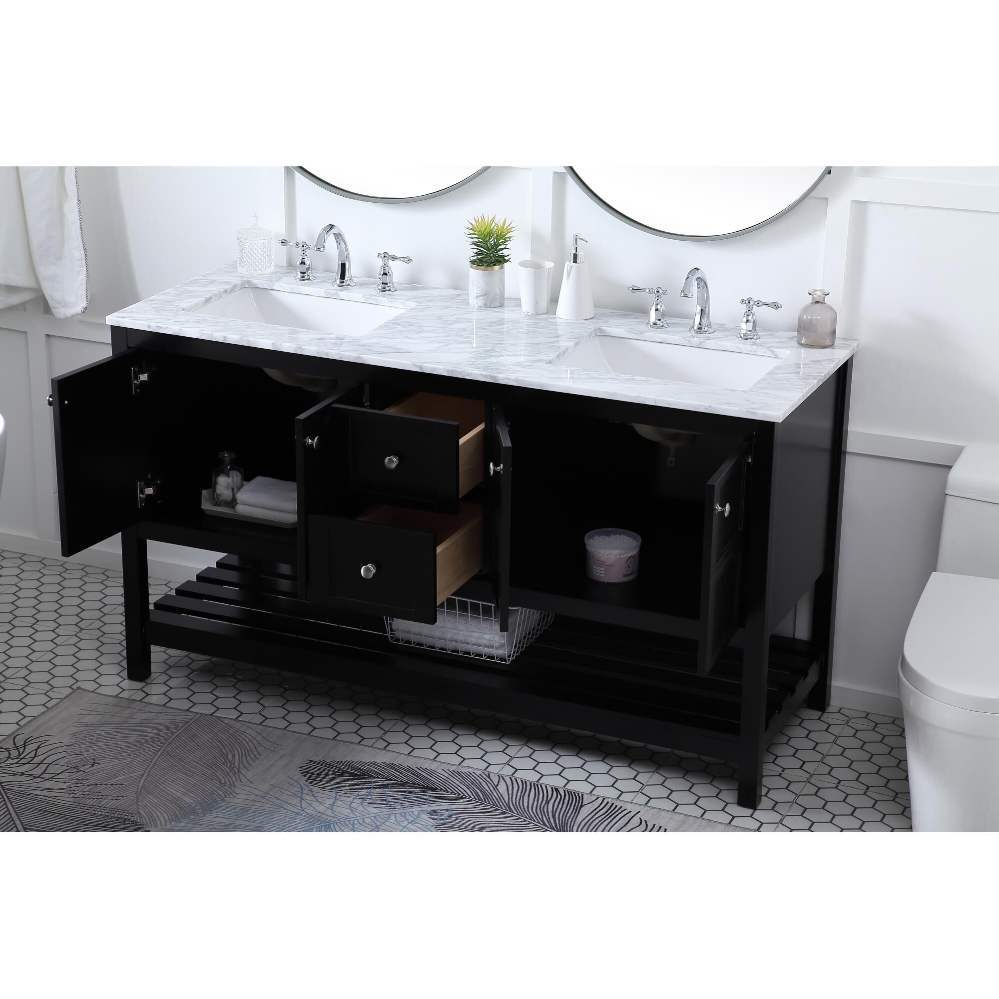 Shown in Black And Brushed Nickel With Carrara White Marble finish