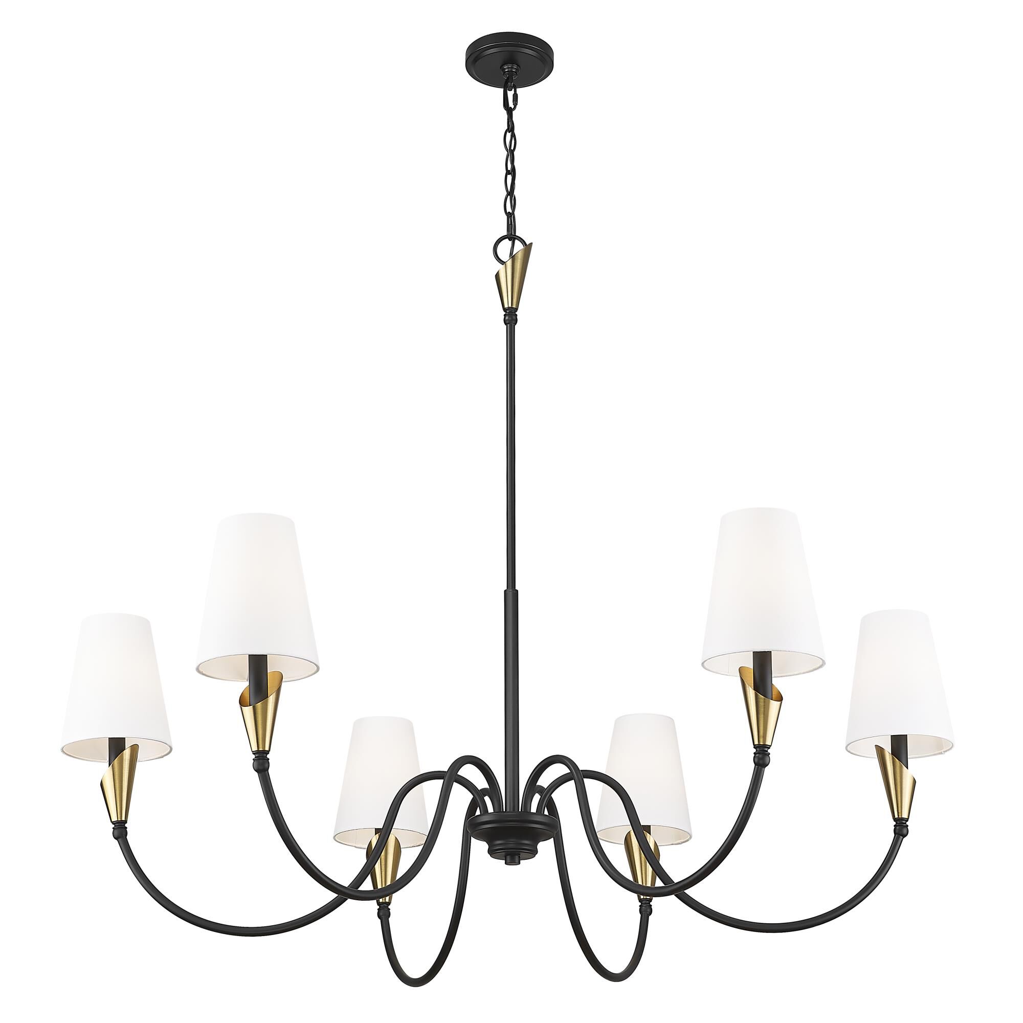 Shown in Matte Black And Modern Gold finish and White glass and White shade