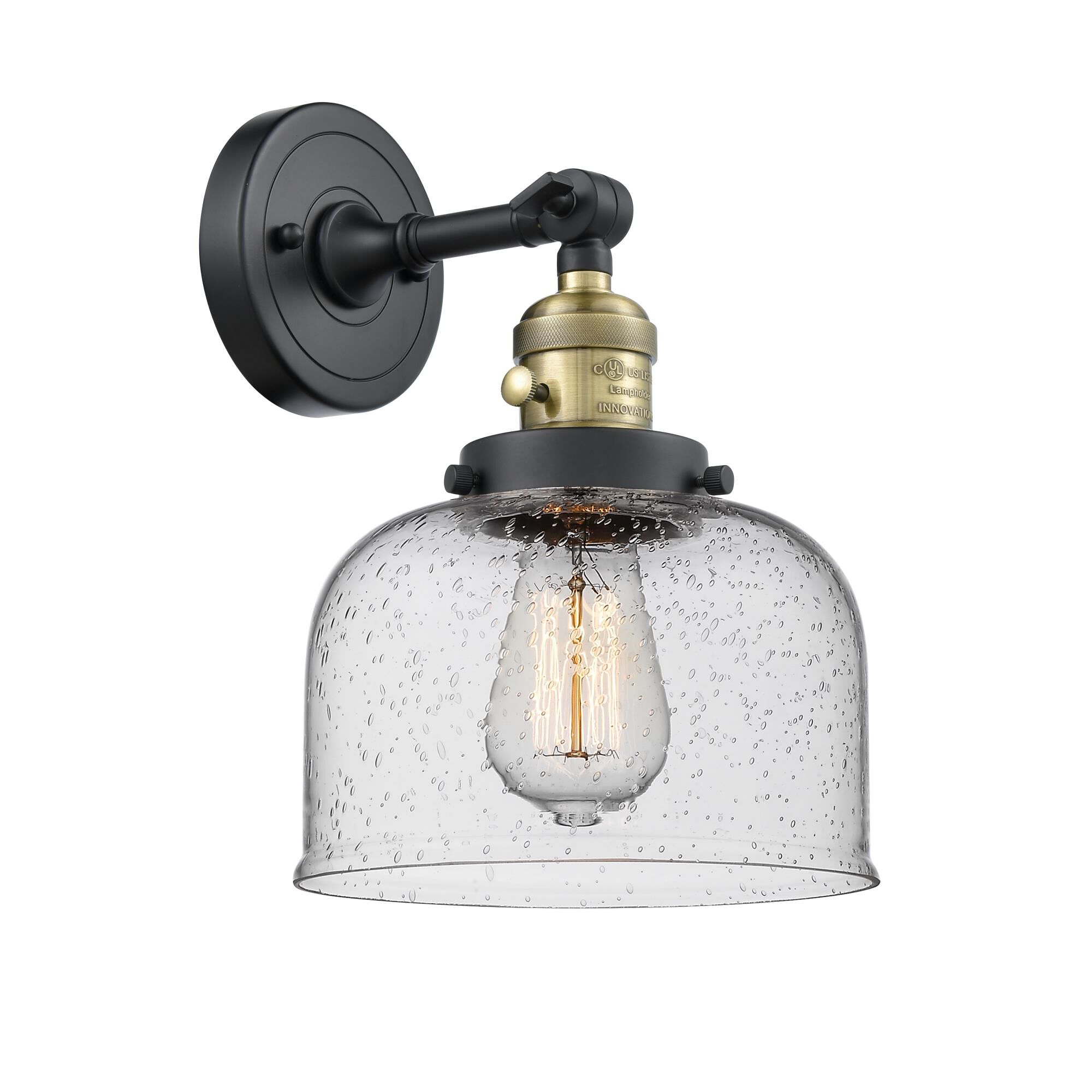 Shown in Black Antique Brass finish and Seedy Large Bell glass and Switch on Socket accent