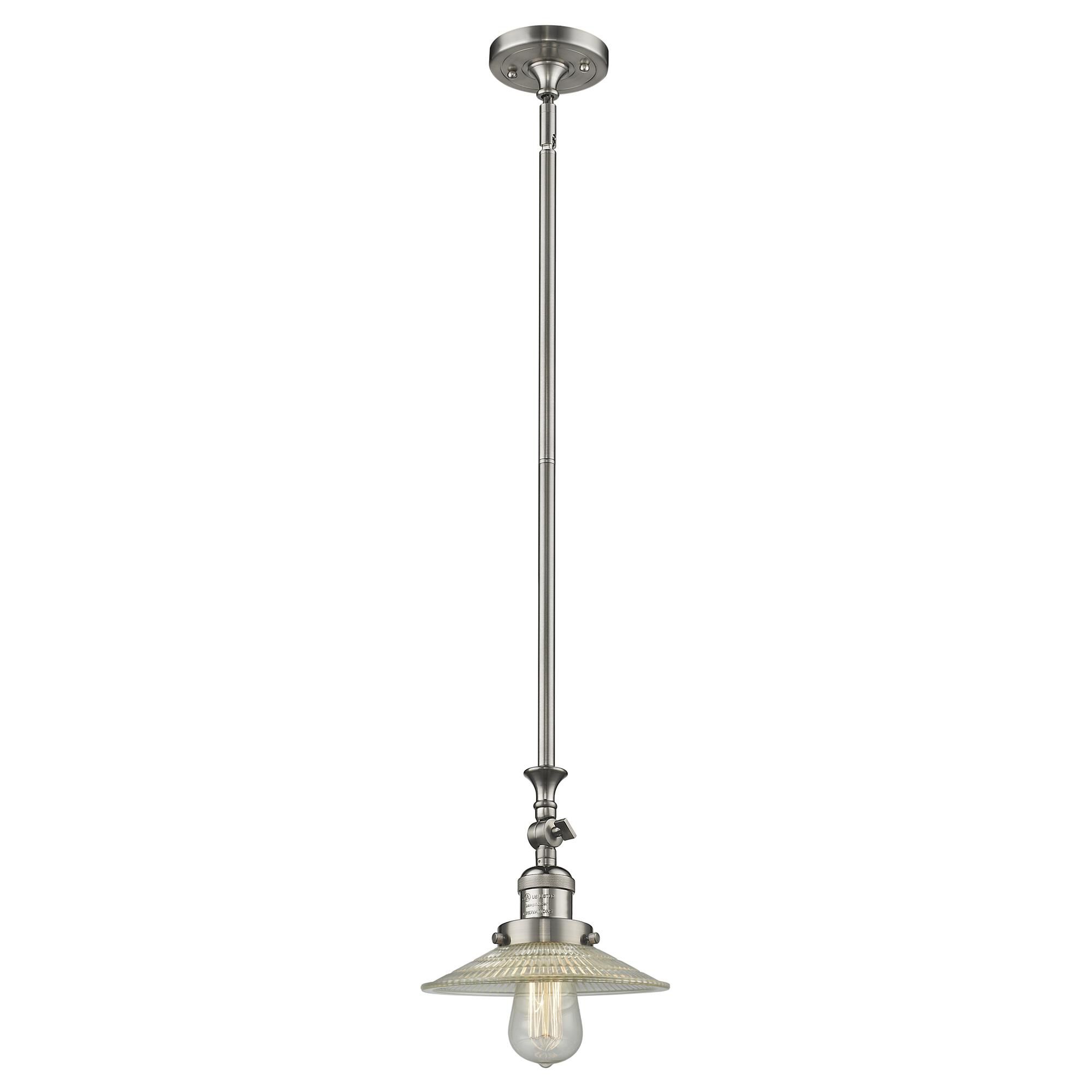 Shown in Brushed Satin Nickel finish and Clear Halophane glass