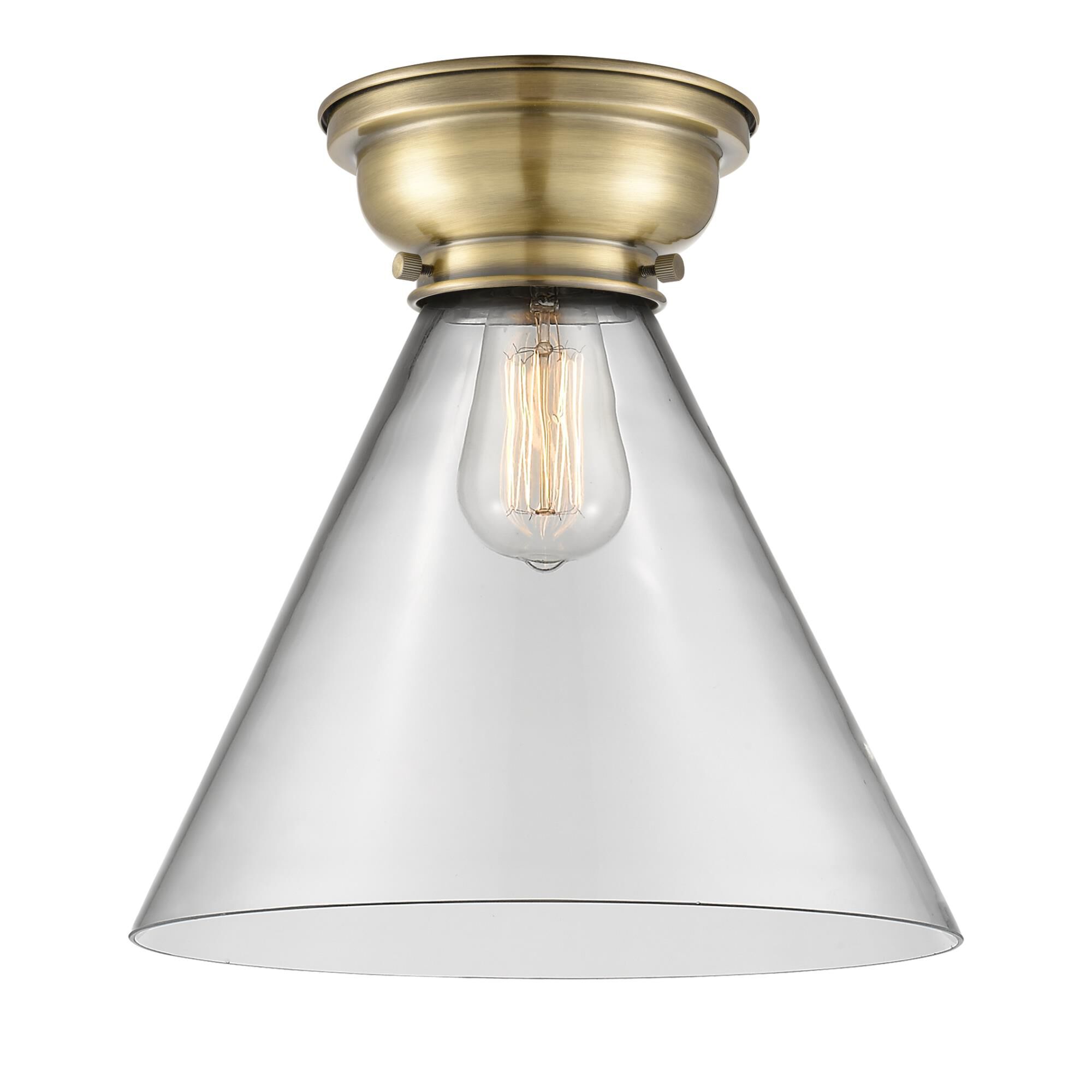 Shown in Antique Brass finish and Cone glass and Glass shade