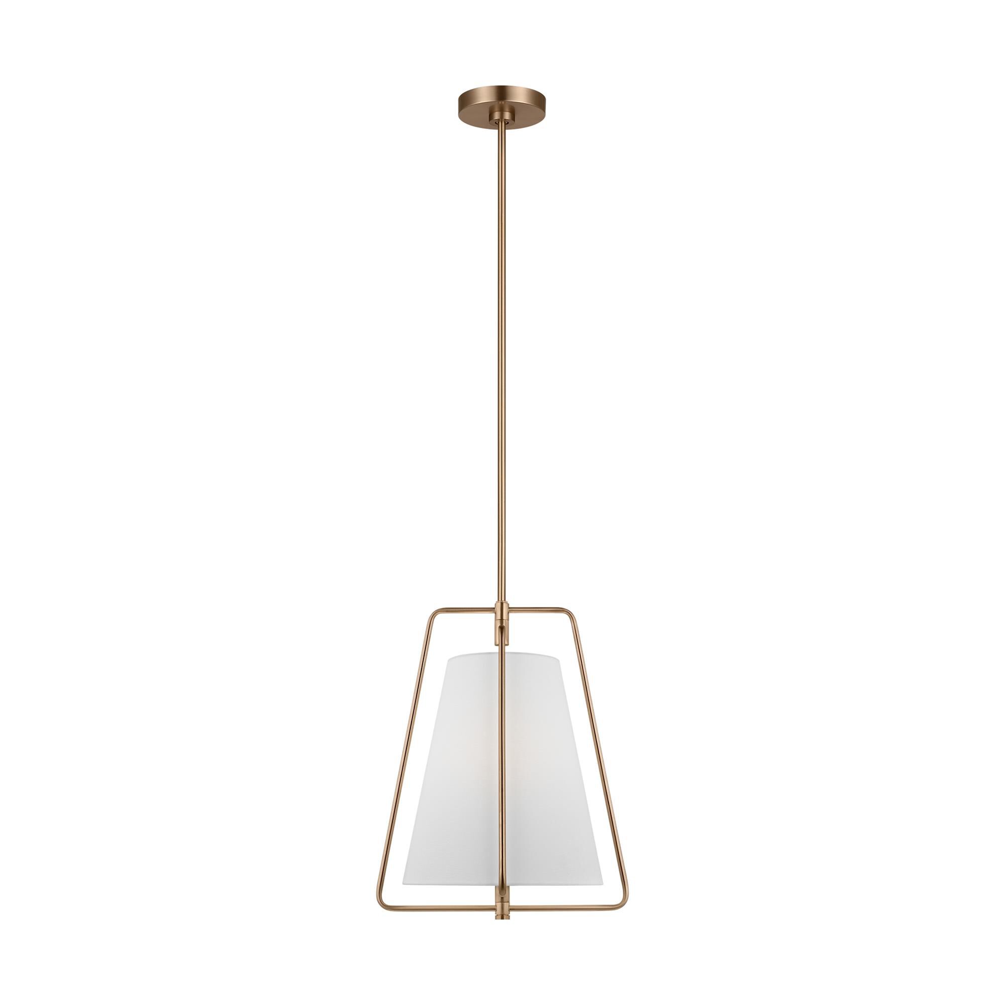 Shown in Satin Brass finish and White Linen glass and White Linen Fabric shade