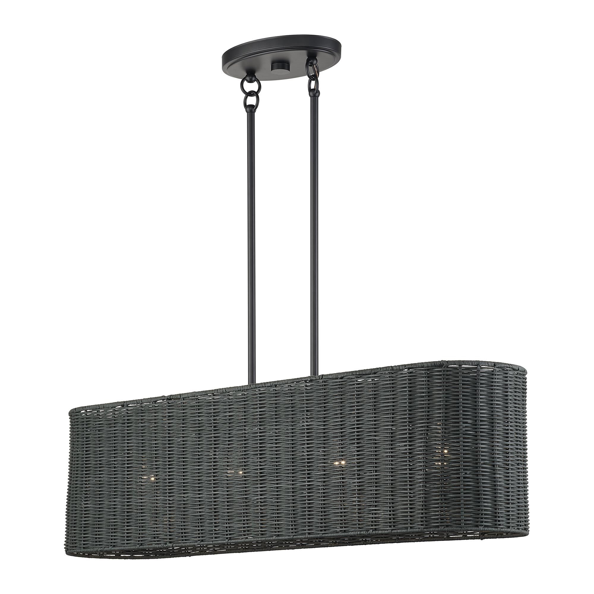 Shown in Black finish and Hand-Woven Charred Gray Color Rattan shade