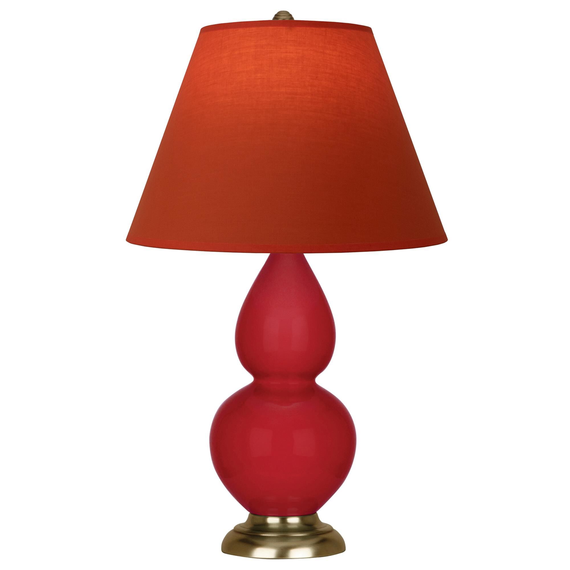 Shown in Ruby Red finish and Tangerine and Taupe Lining shade and Antique Brass accent