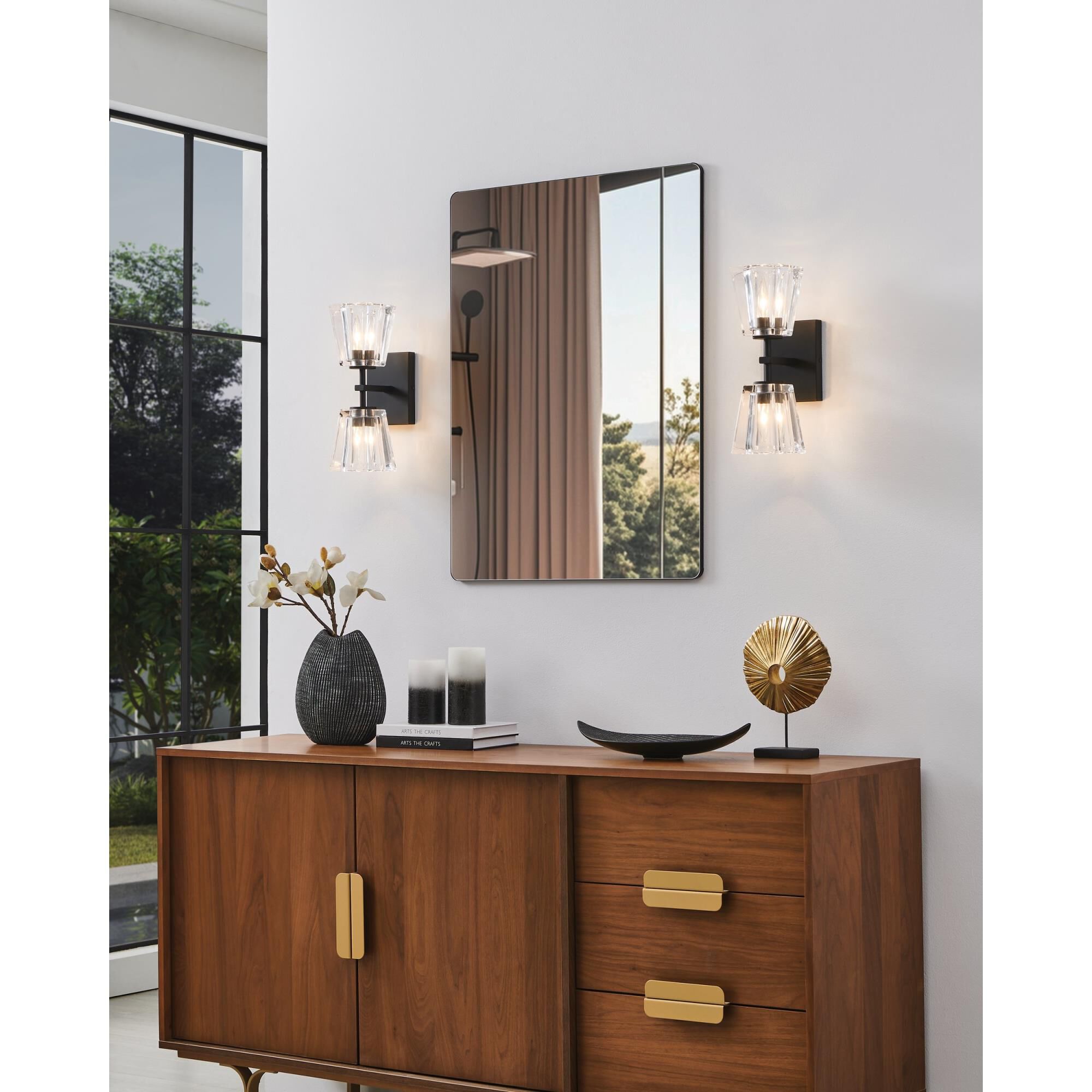 Shown in Matte Black finish and Clear Pressed glass