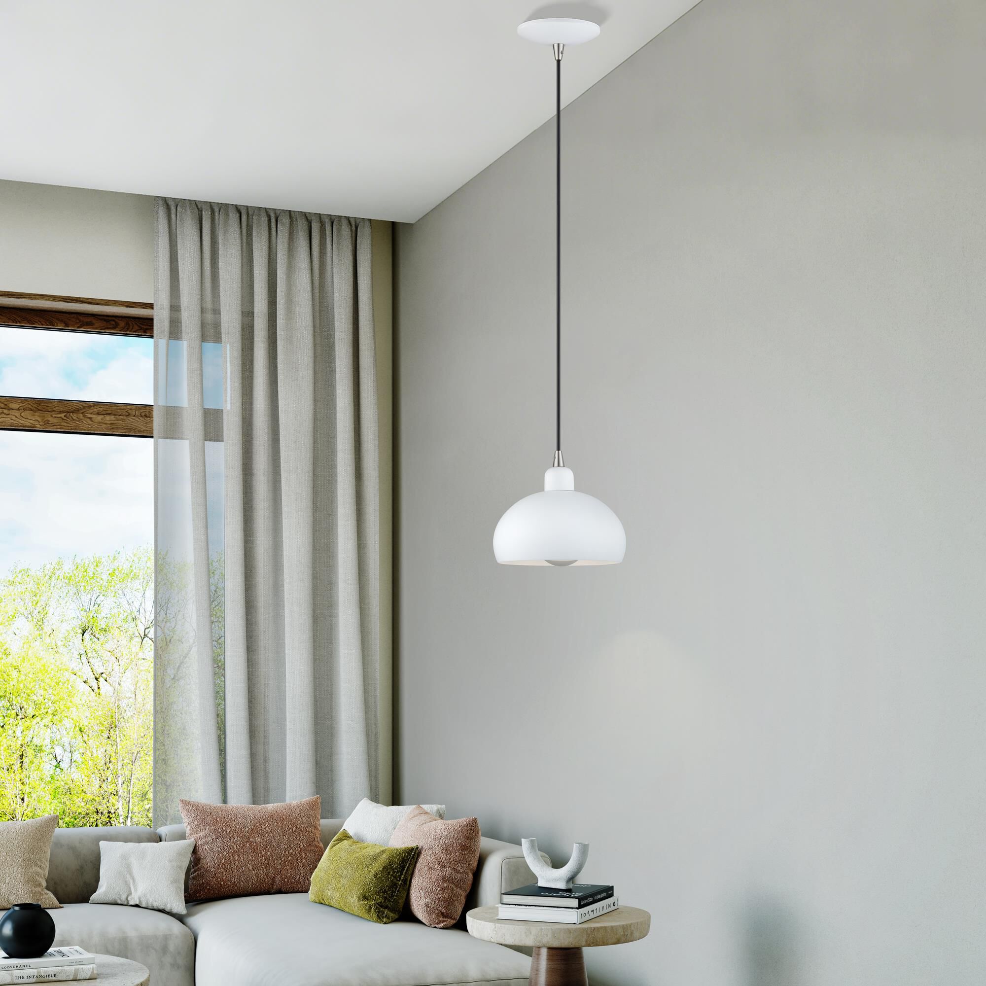 Shown in White with Brushed Nickel Accents finish and White Steel with White Inside shade