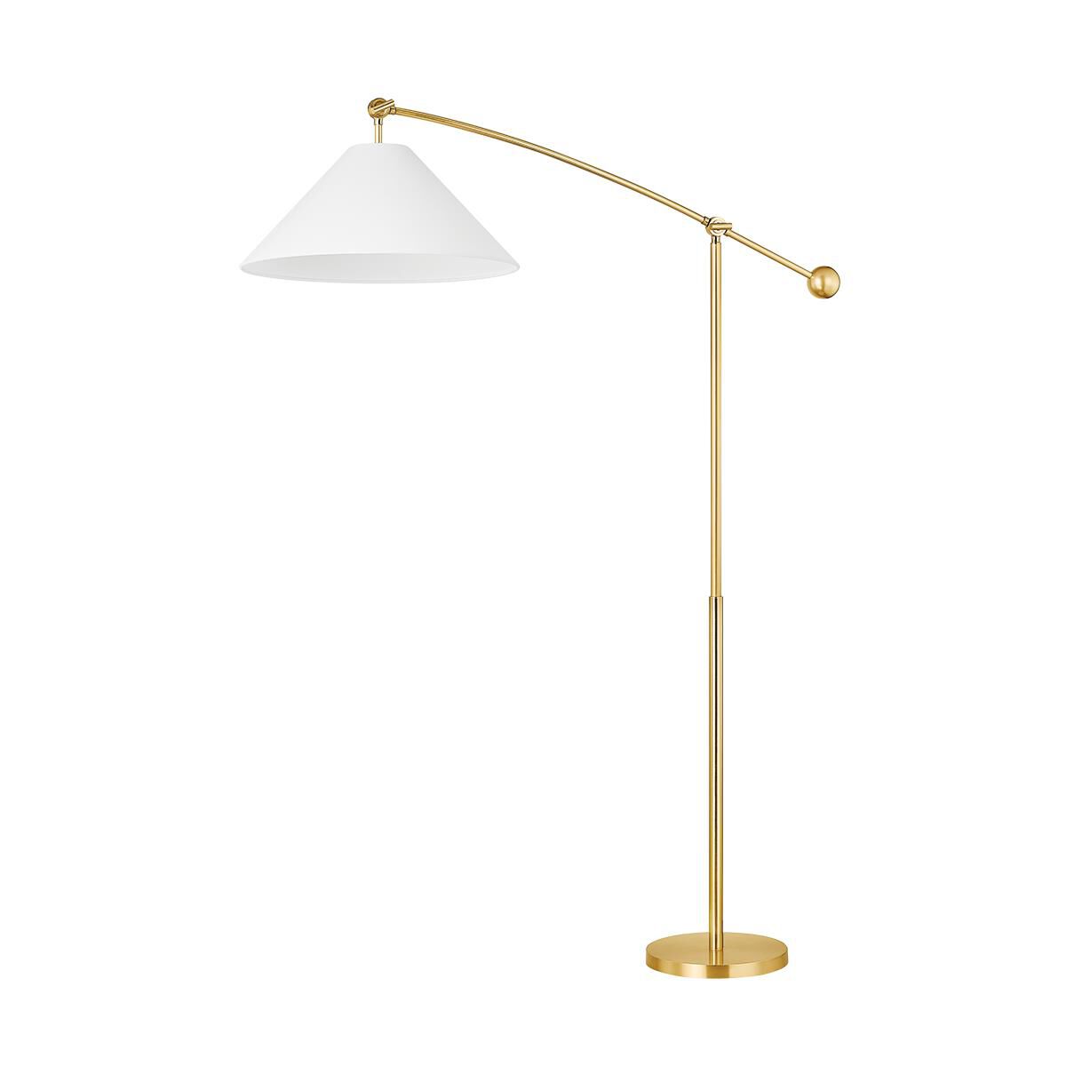 Shown in Aged Brass finish and White Linen shade