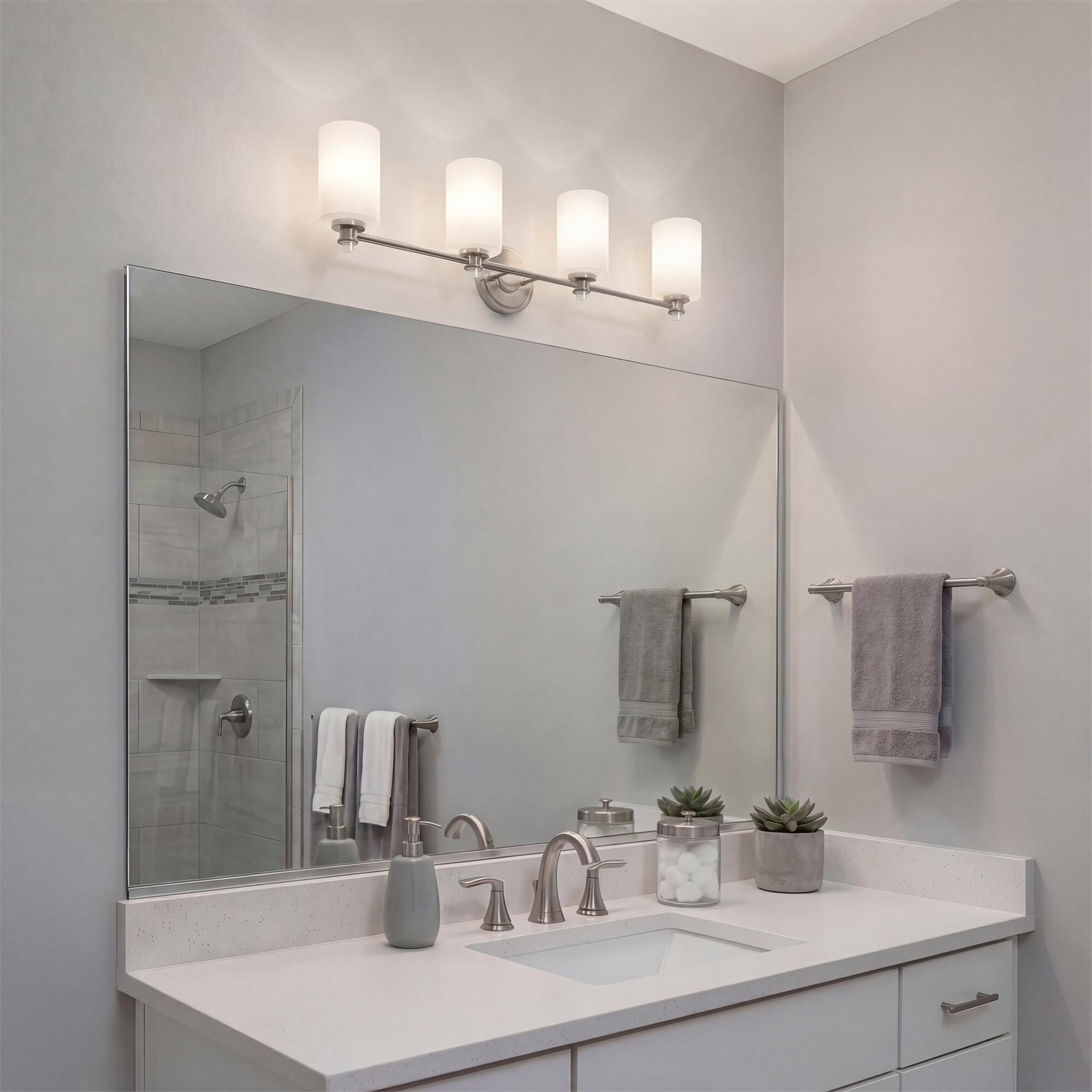 Shown in Brushed Nickel finish and Satin Etched Cased Opal glass
