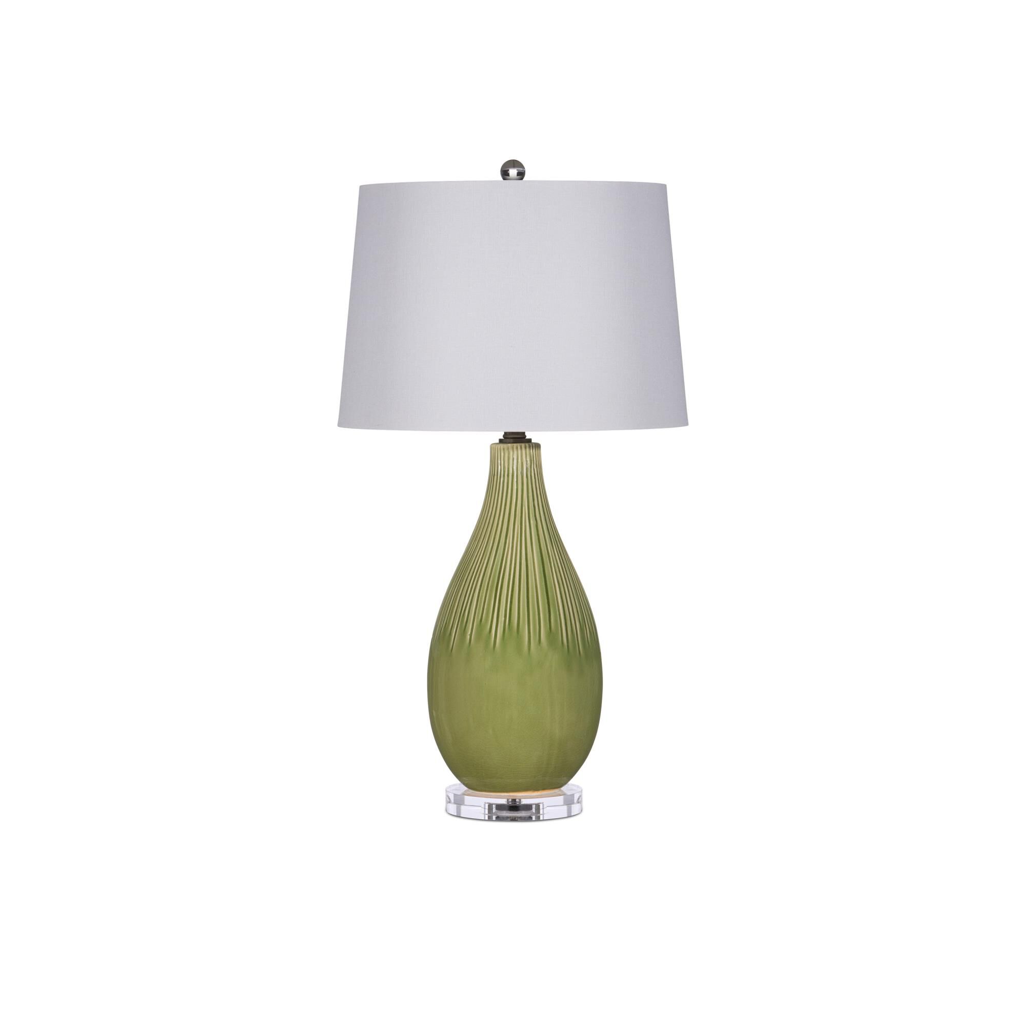 Shown in Pale Green/Off-White/Clear/Satin Nickel finish and White Linen shade
