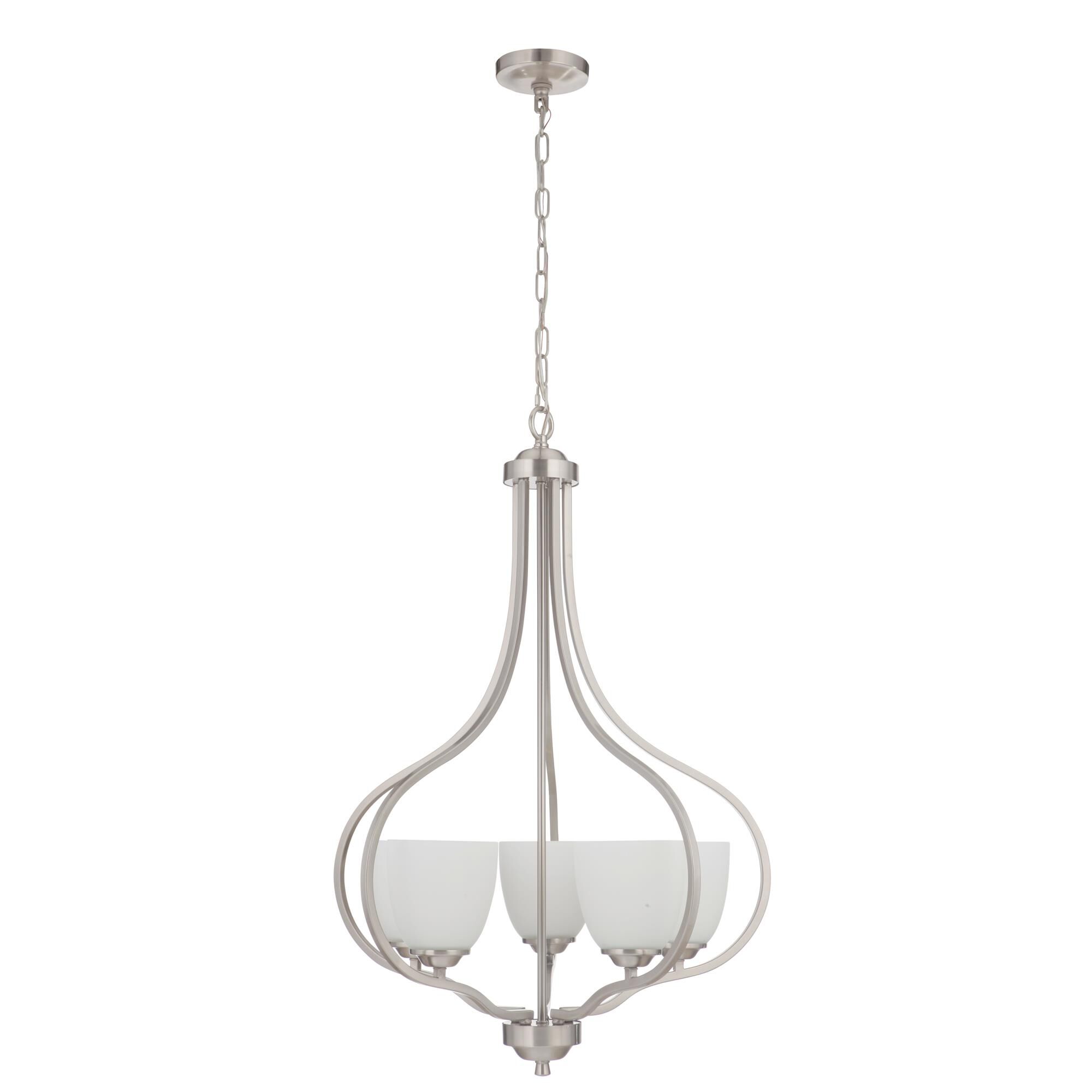Shown in Brushed Polished Nickel finish and White Frosted glass and Glass shade