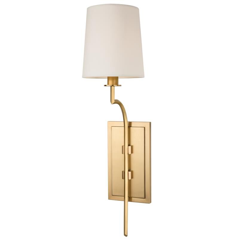 Shown in Aged Brass finish and Off White Faux Silk shade