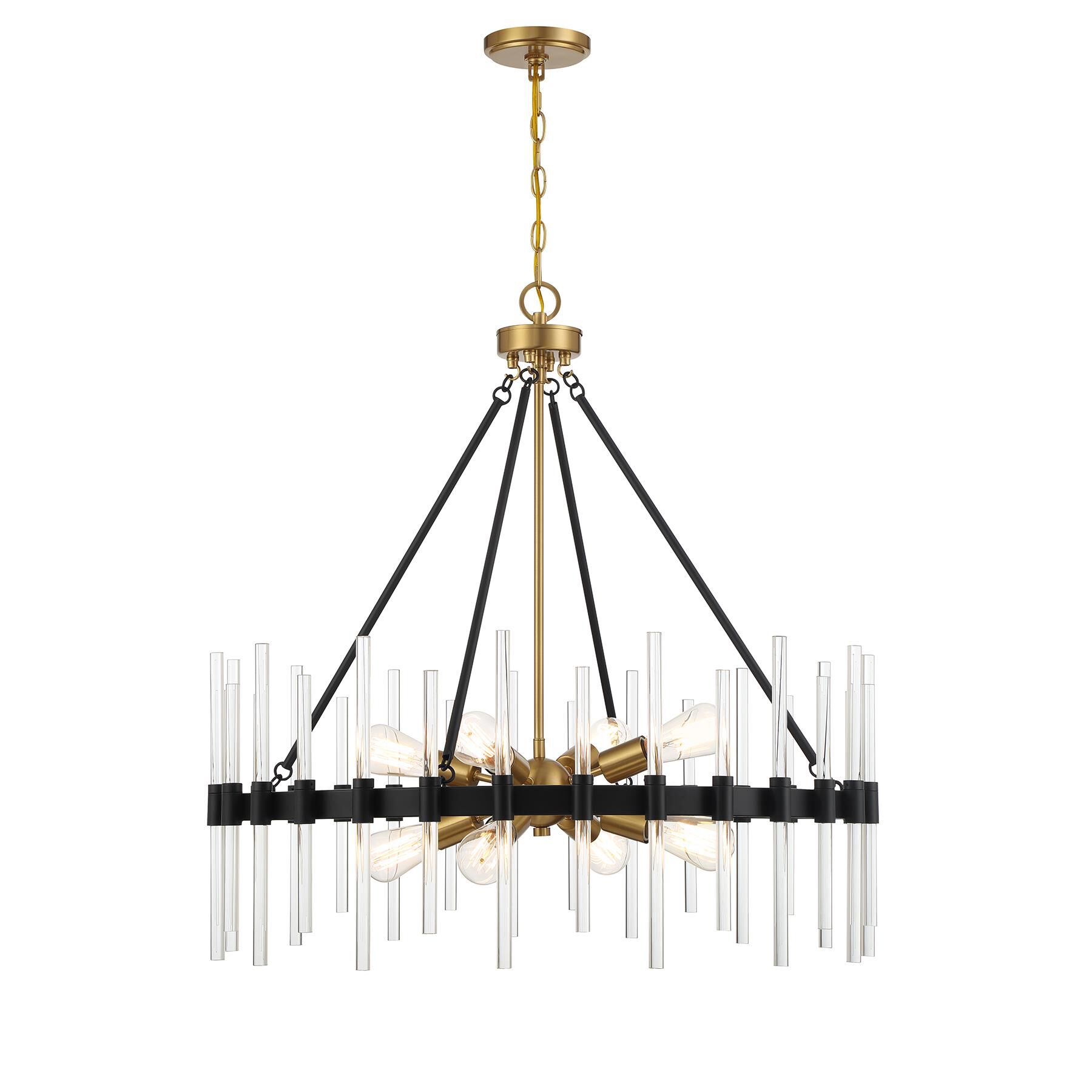 Shown in Matte Black With Warm Brass Accents finish and Clear crystal