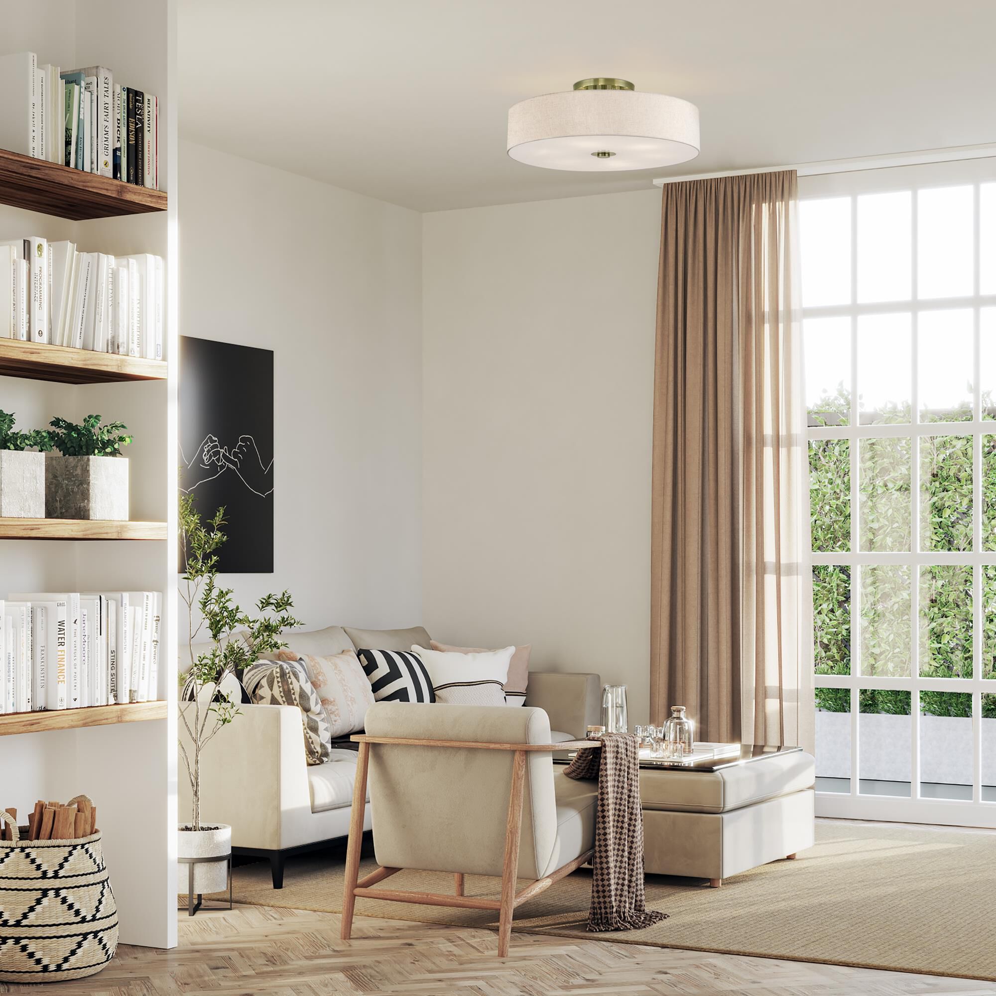 Shown in Antique Brass finish and Hand Crafted Oatmeal Color Fabric with White Color Inside shade