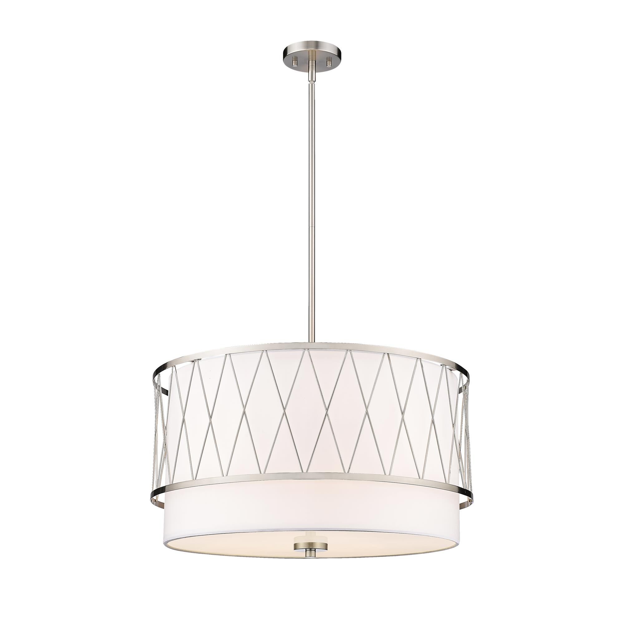 Shown in Brushed Nickel finish and White glass and White shade
