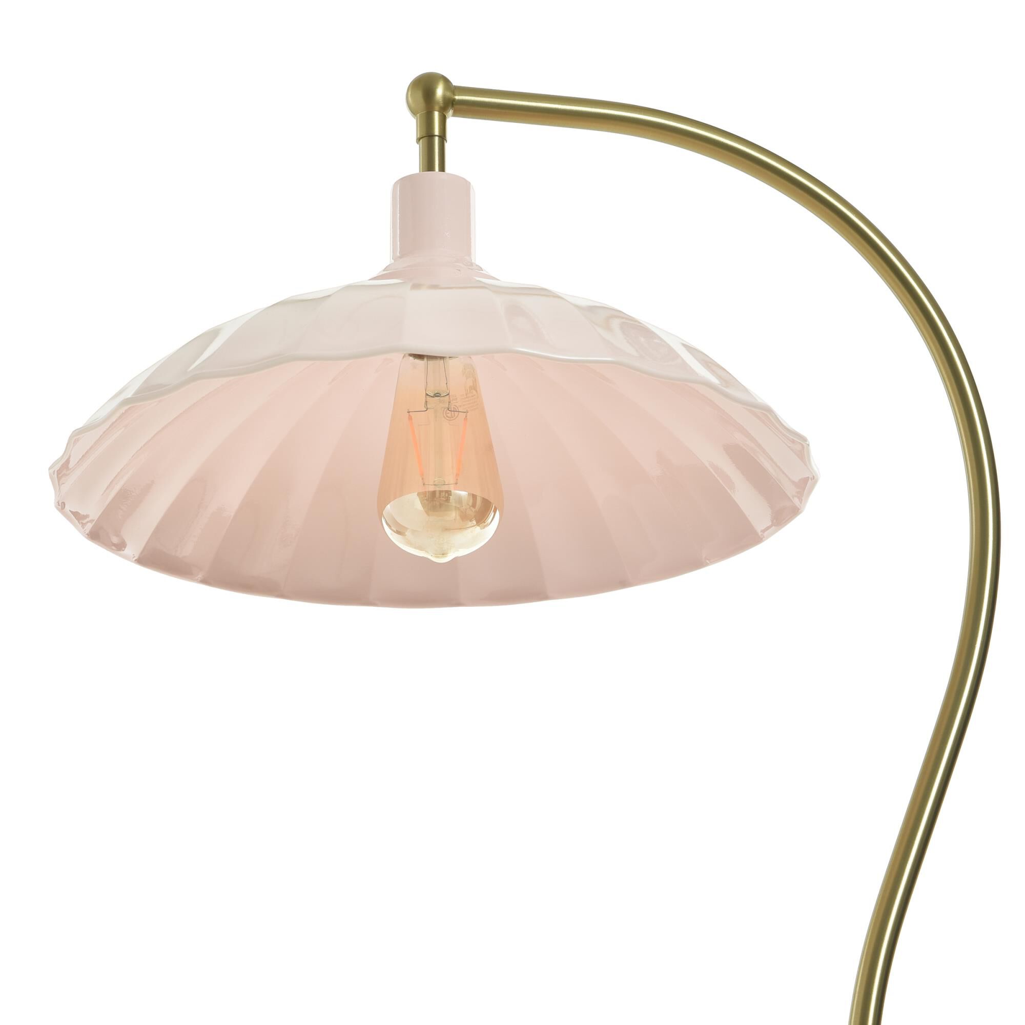 Shown in White Marble and Polished Brass finish and Glossy Pink shade