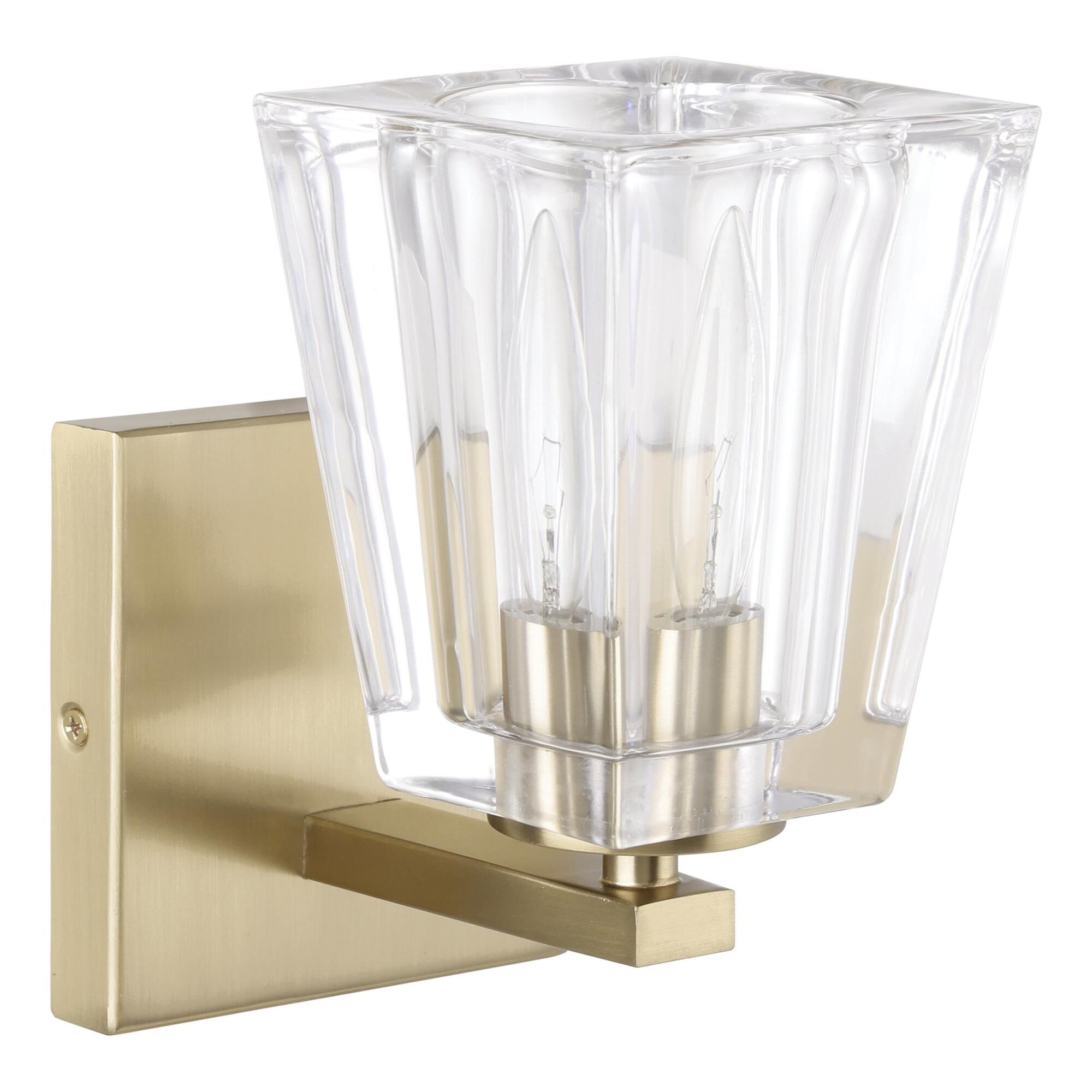 Shown in Champagne Gold finish and Clear Pressed glass