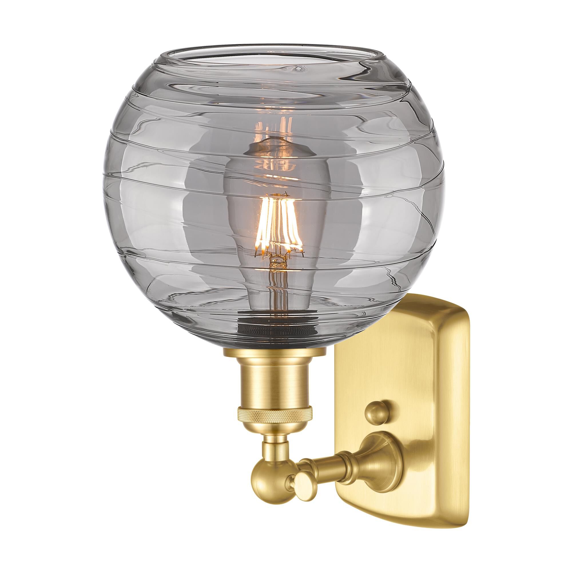 Shown in Satin Gold finish and Light Smoke Deco Swirl glass