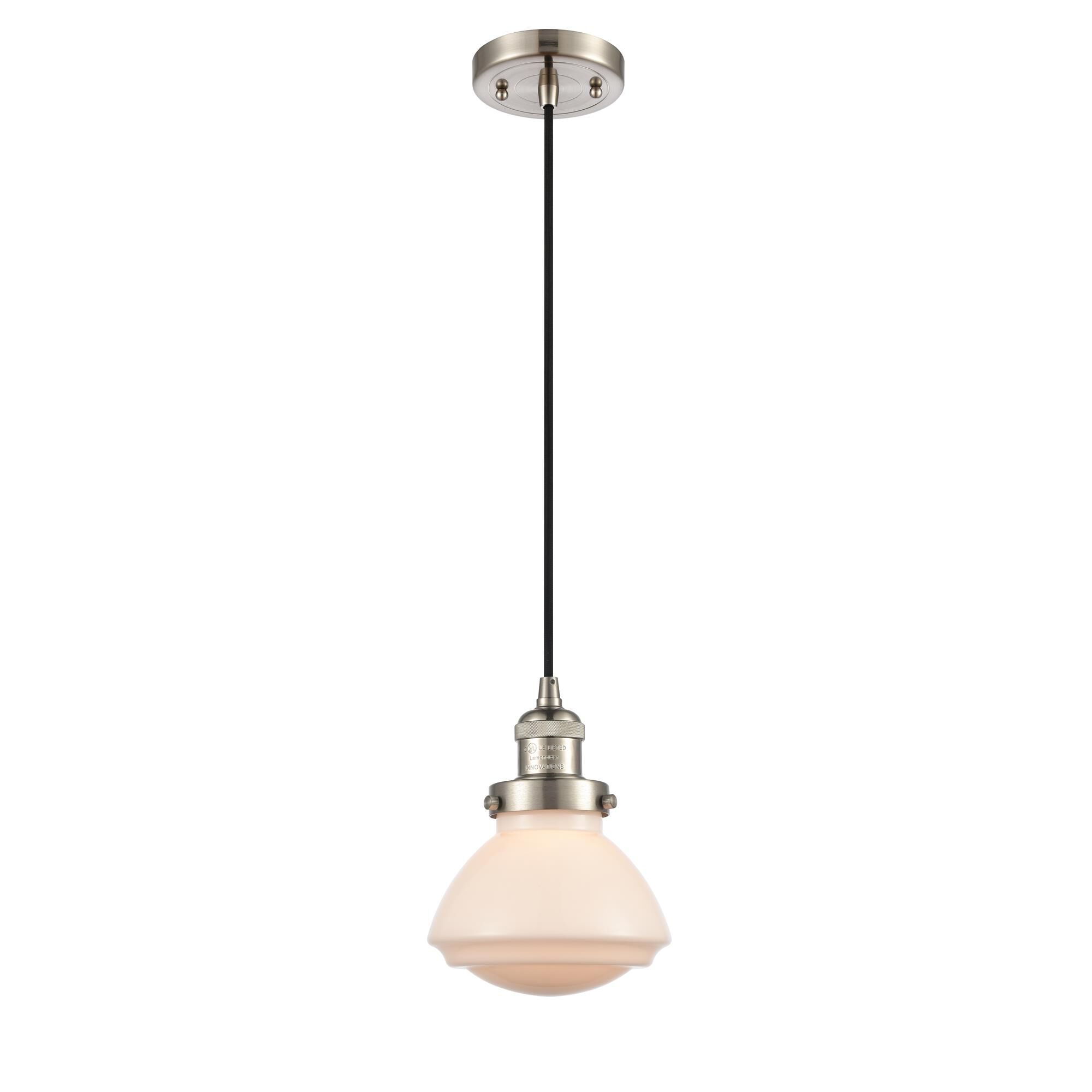 Shown in Brushed Satin Nickel finish and Frosted Matte White Olean glass and Bulb Tint - Clear accent