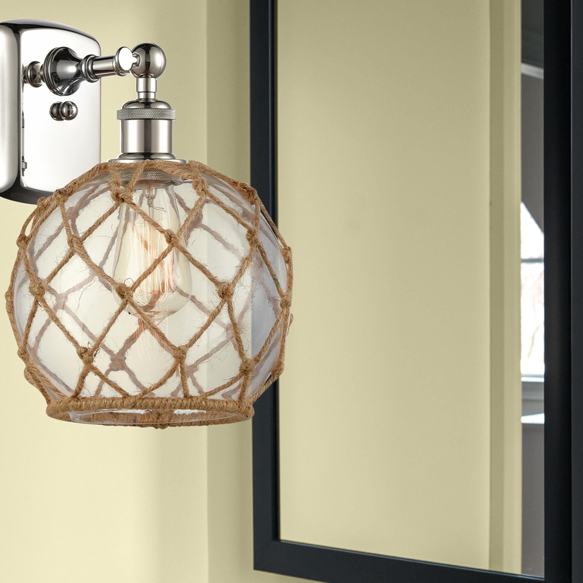 Shown in Polished Nickel finish and Sphere glass and Glass And Rope shade