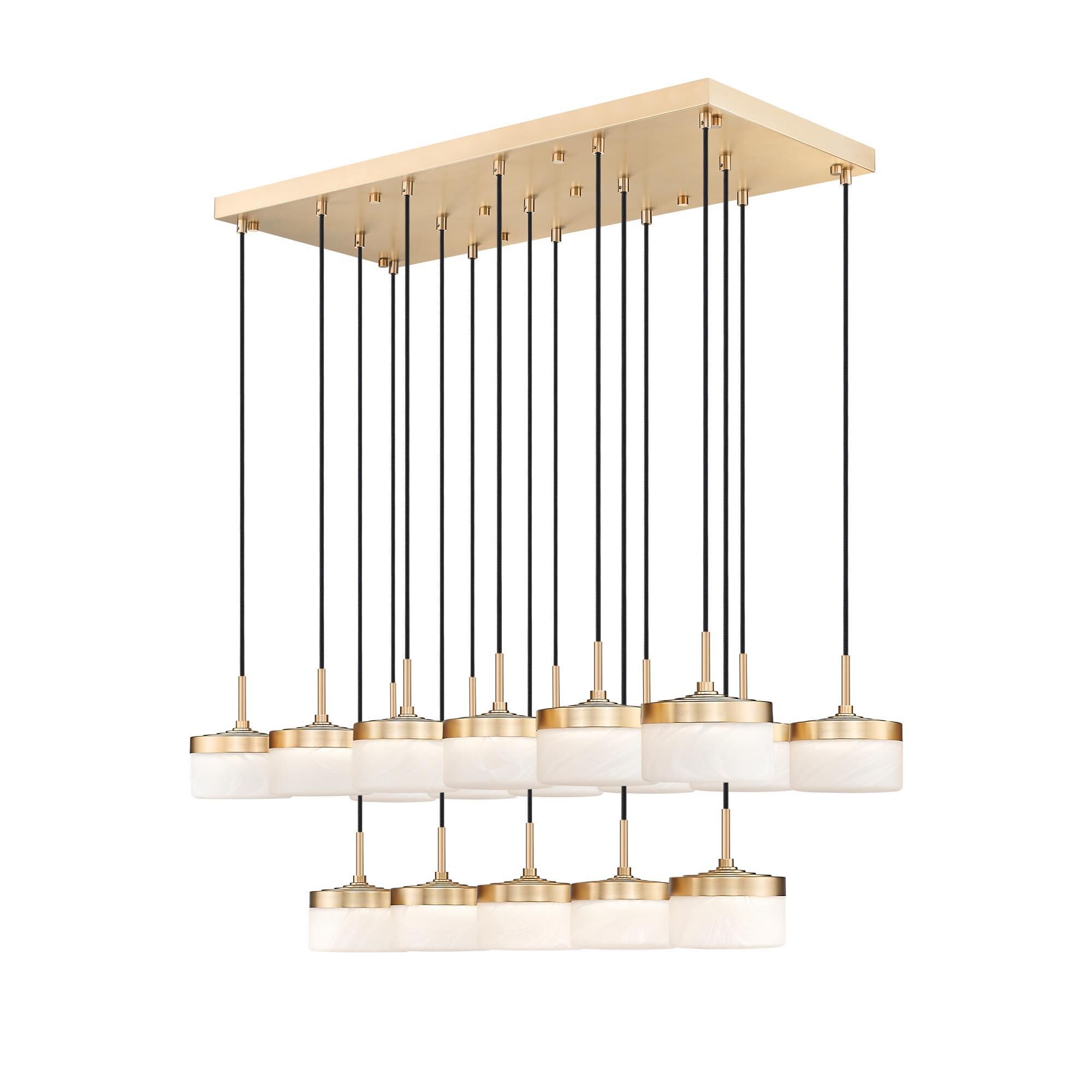 Shown in Modern Gold finish and Feathered White glass