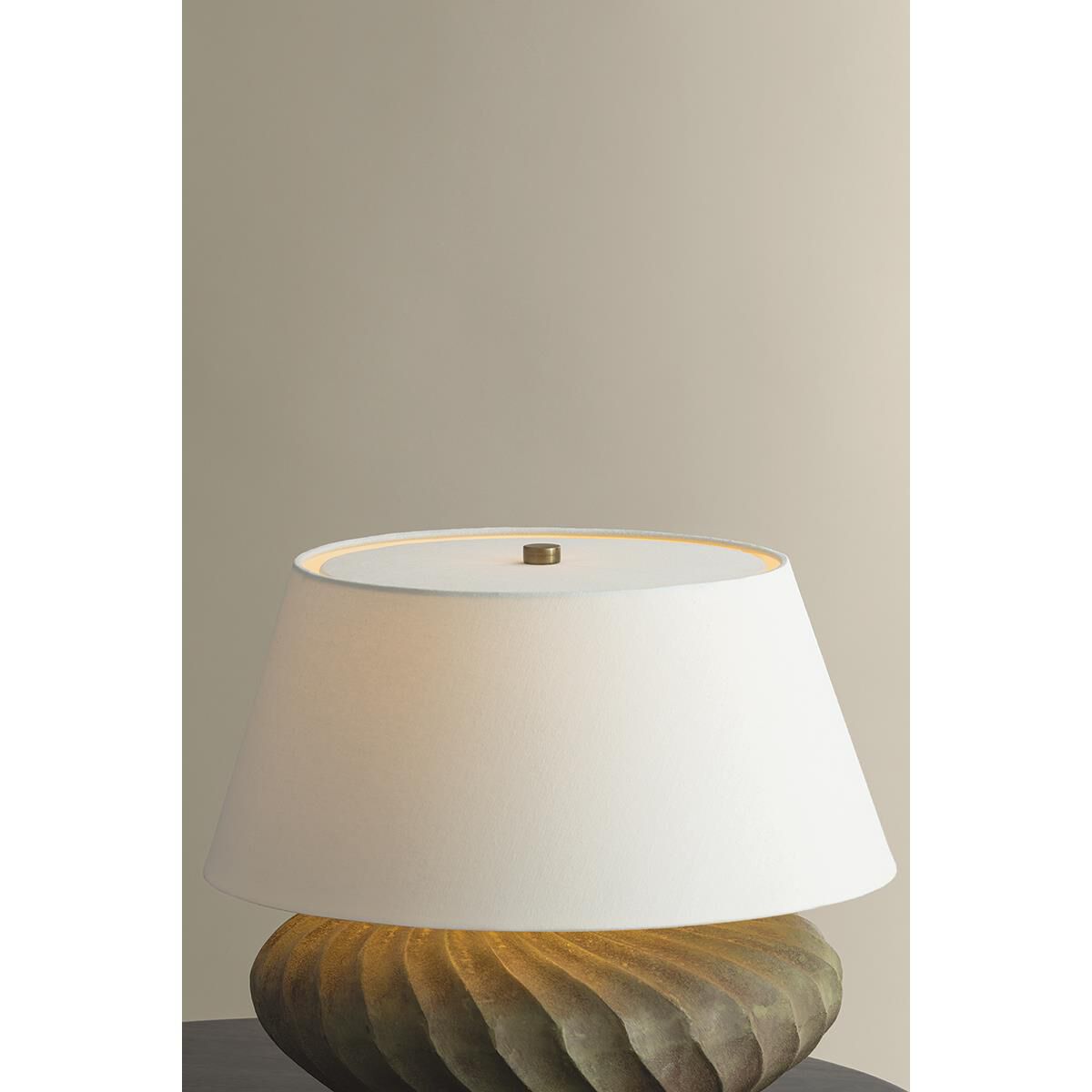 Shown in Patina Brass finish and Off White Linen shade