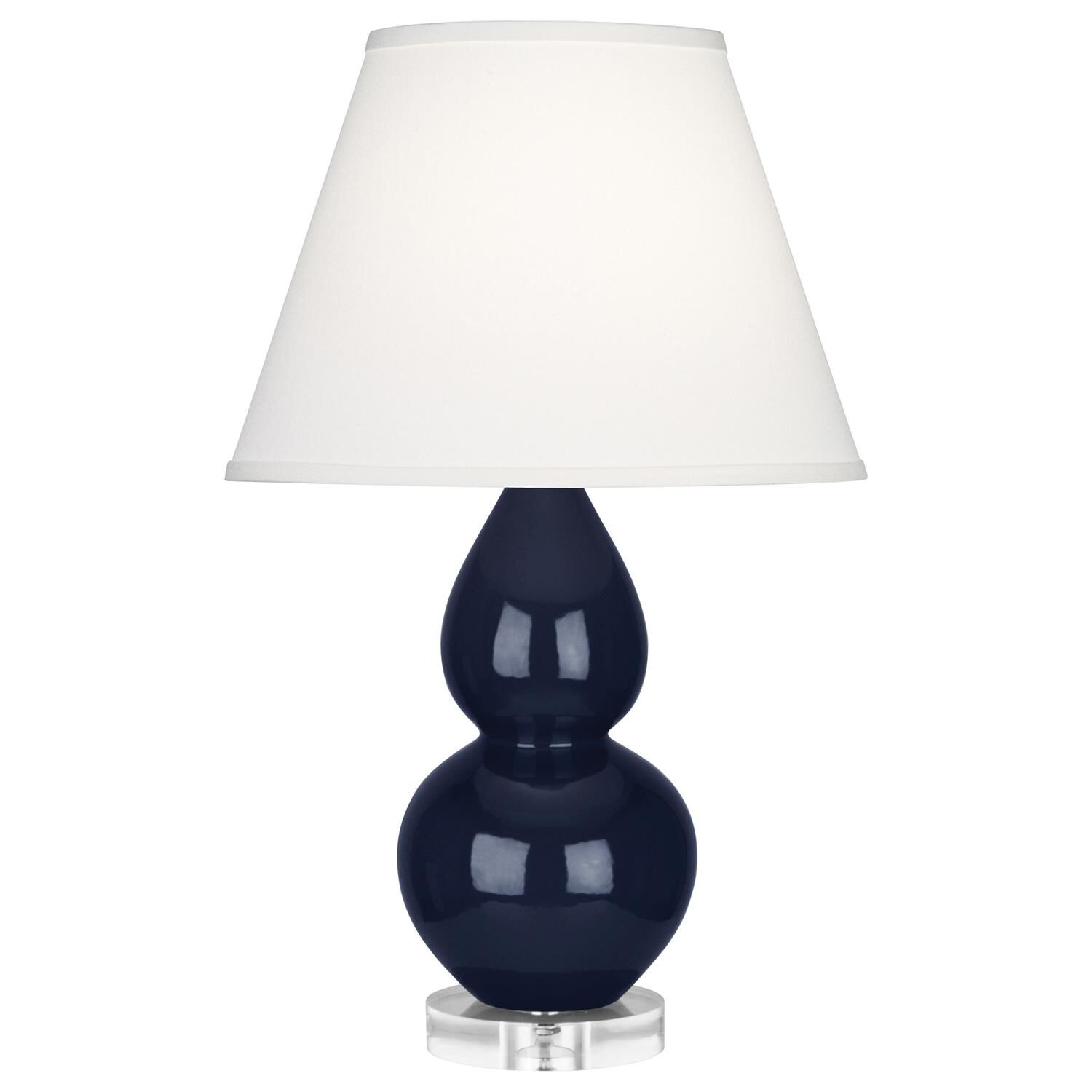 Shown in Midnight Blue Glazed Ceramic With Lucite Base finish and Pearl Dupioni Fabric shade