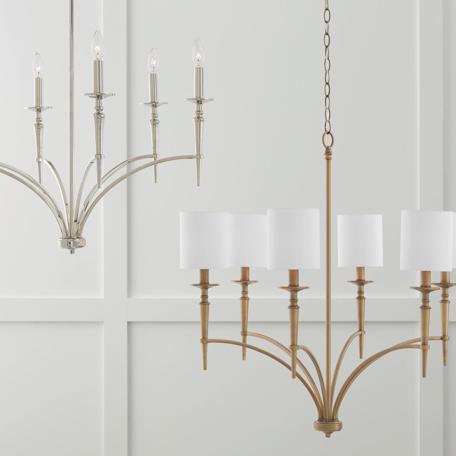 Shown in Aged Brass finish and 701 glass and White Fabric Stay-Straight s shade