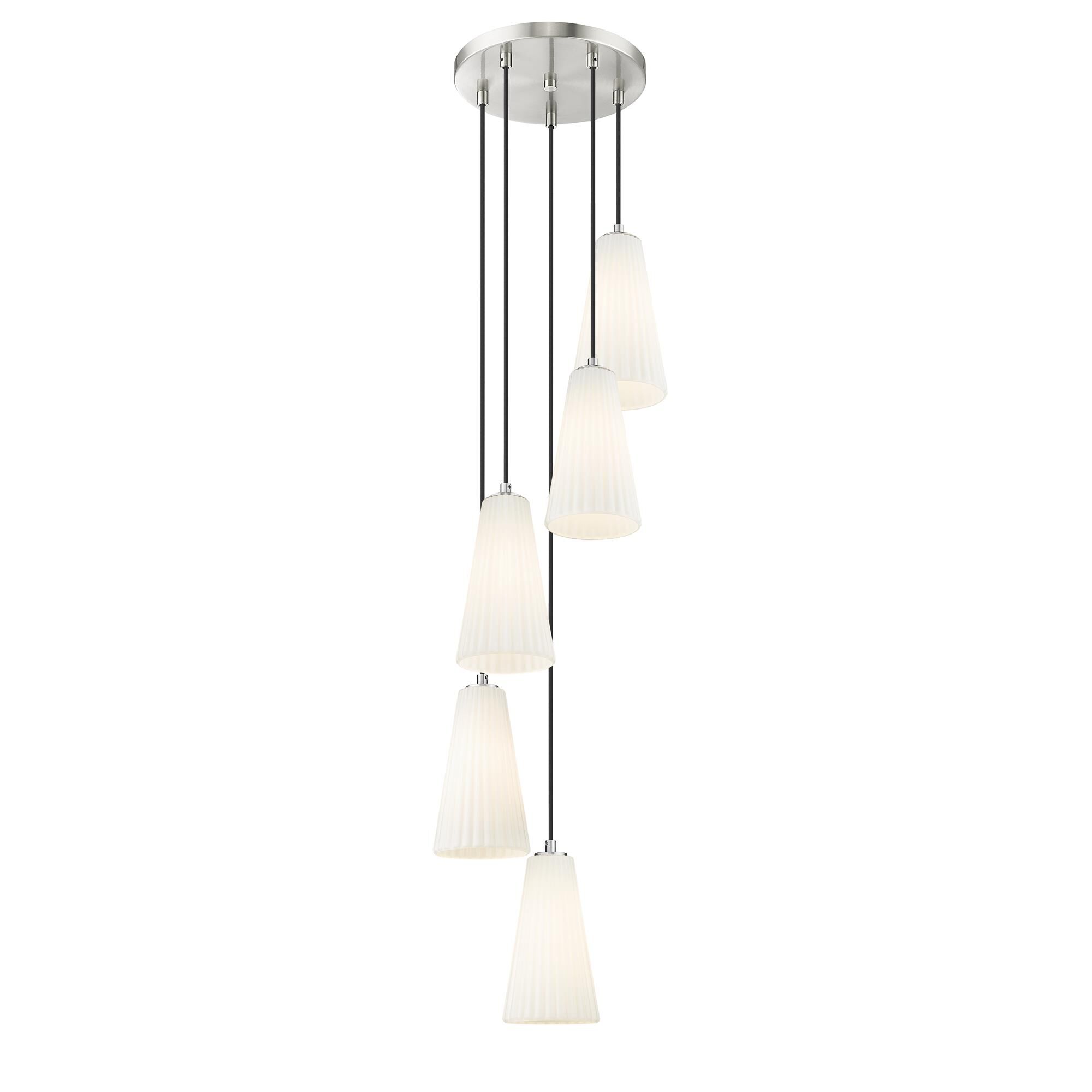 Shown in Brushed Nickel finish and White glass and White shade