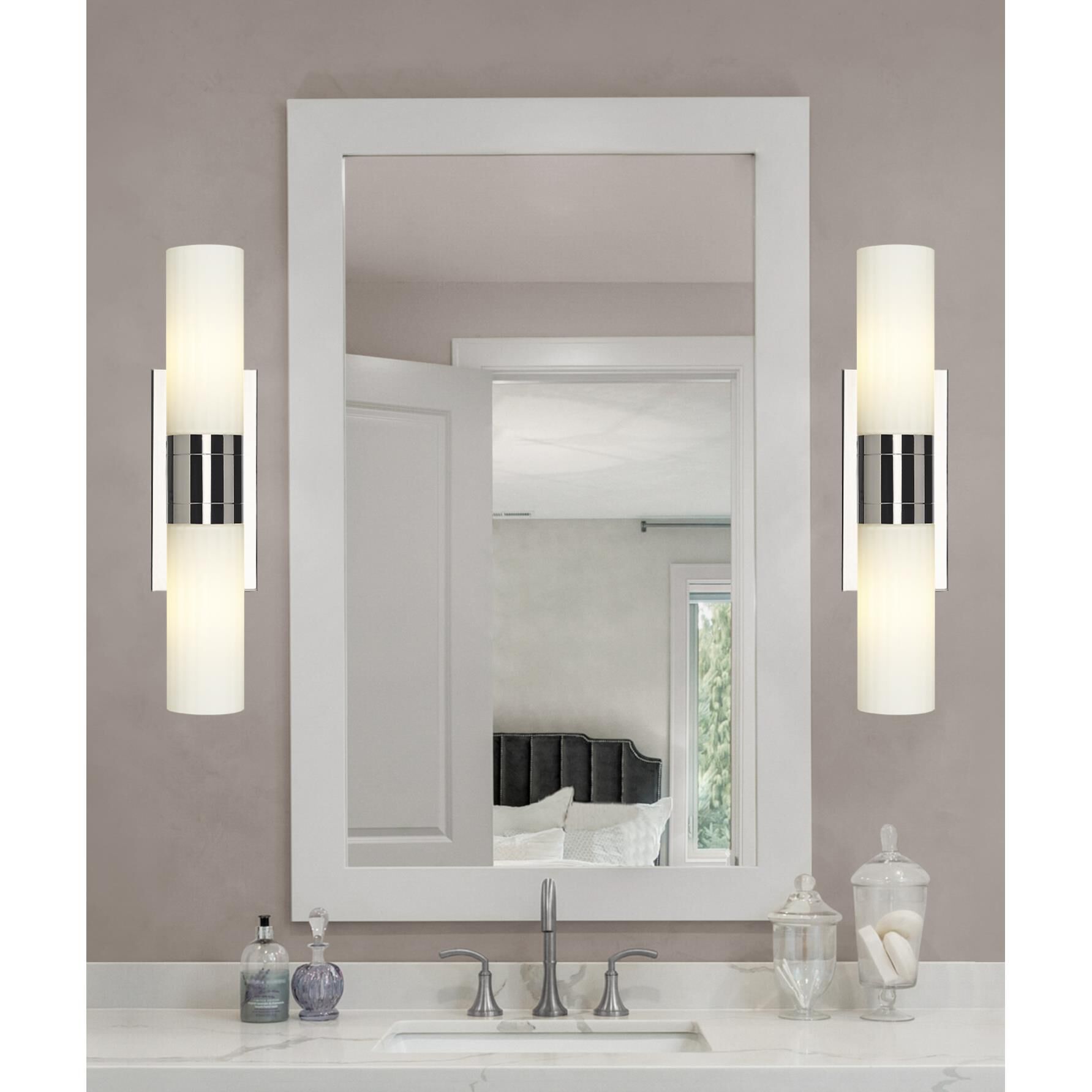 Shown in Polished Nickel finish and Matte White glass