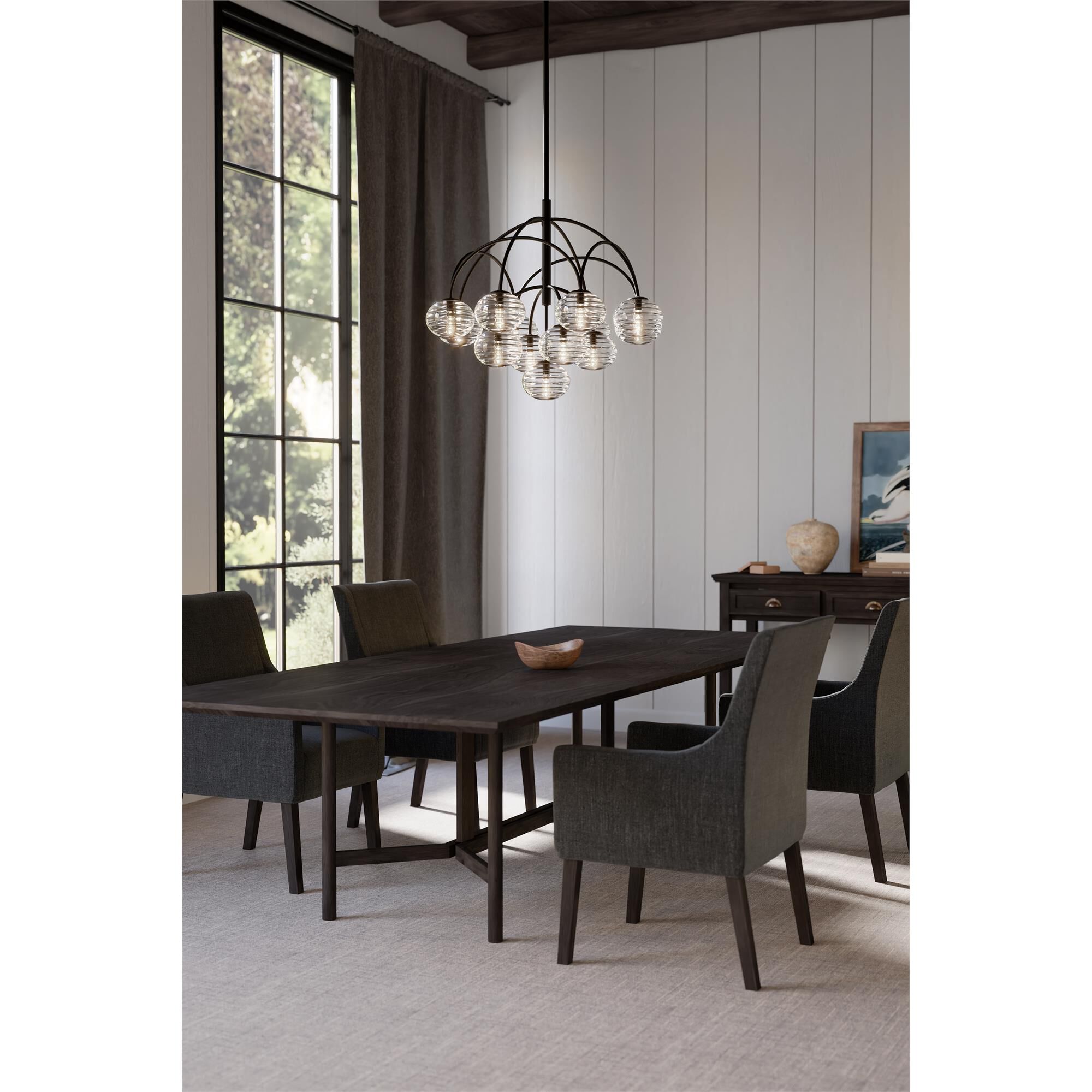Shown in Dark Bronze finish and Clear Ribbed glass