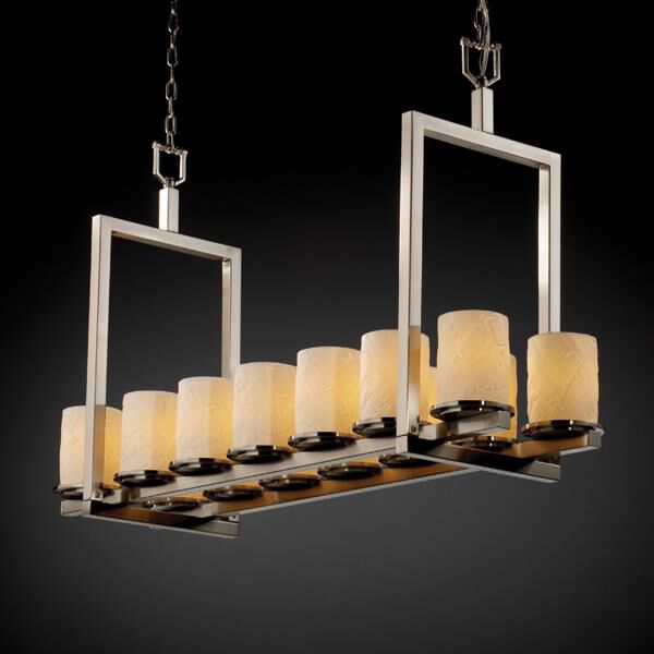 Shown in Brushed Nickel finish and Banana Leaf glass and Cylinder with Flat Rim (POR) shade 