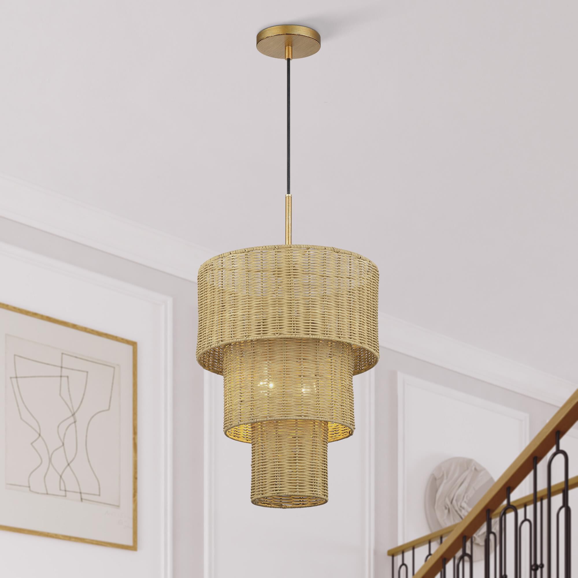 Shown in Antique Gold Leaf finish and Hand-Woven Rustic Walnut Color Rattan shade